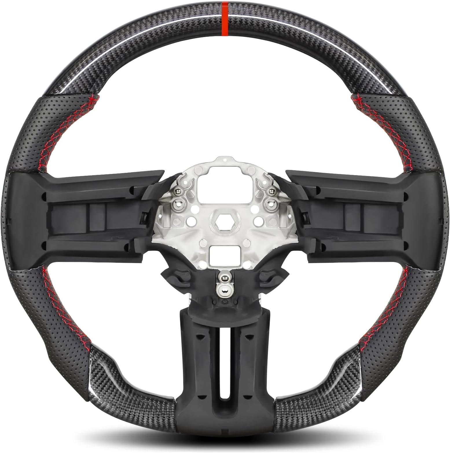 Real Carbon Fiber Steering Wheel for Ford Mustang 2012-2014, D-Shaped Flat-Bottom, Nappa Perforated Leather Grip, Hand-Stitched, for Mustang V6/GT/Boss 302