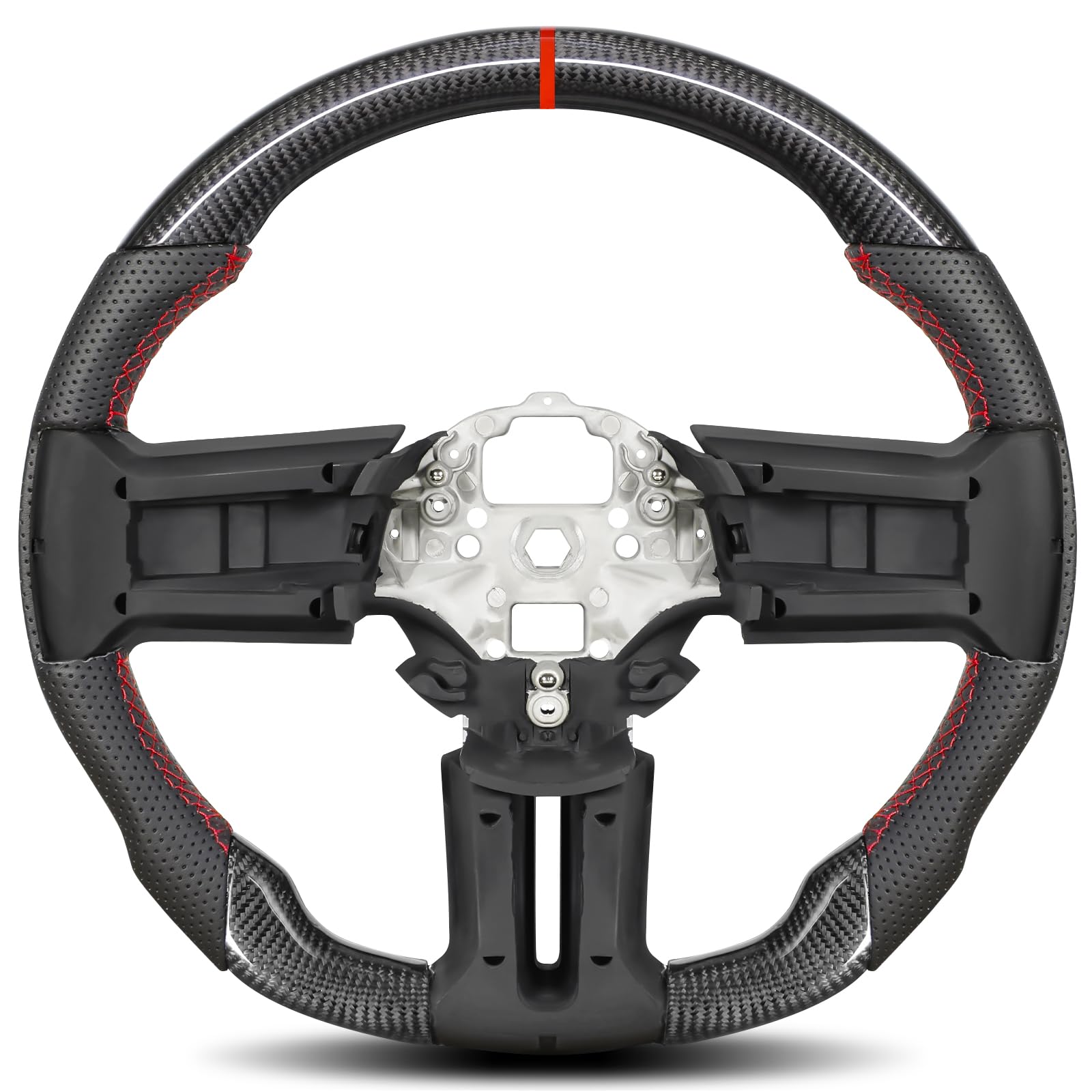 Real Carbon Fiber Steering Wheel for Ford Mustang 2012-2014, D-Shaped Flat-Bottom, Nappa Perforated Leather Grip, Hand-Stitched, for Mustang V6/GT/Boss 302