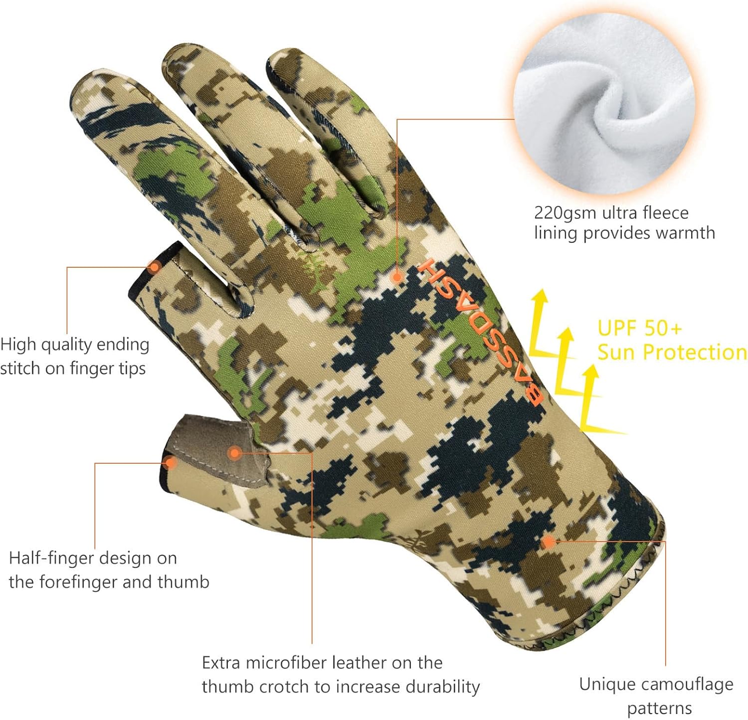 BASSDASH Unisex Fingerless Fleece Liner Camo Hunting Gloves for Cold Weather UPF 50+ Lightweight Fishing Photography HG06