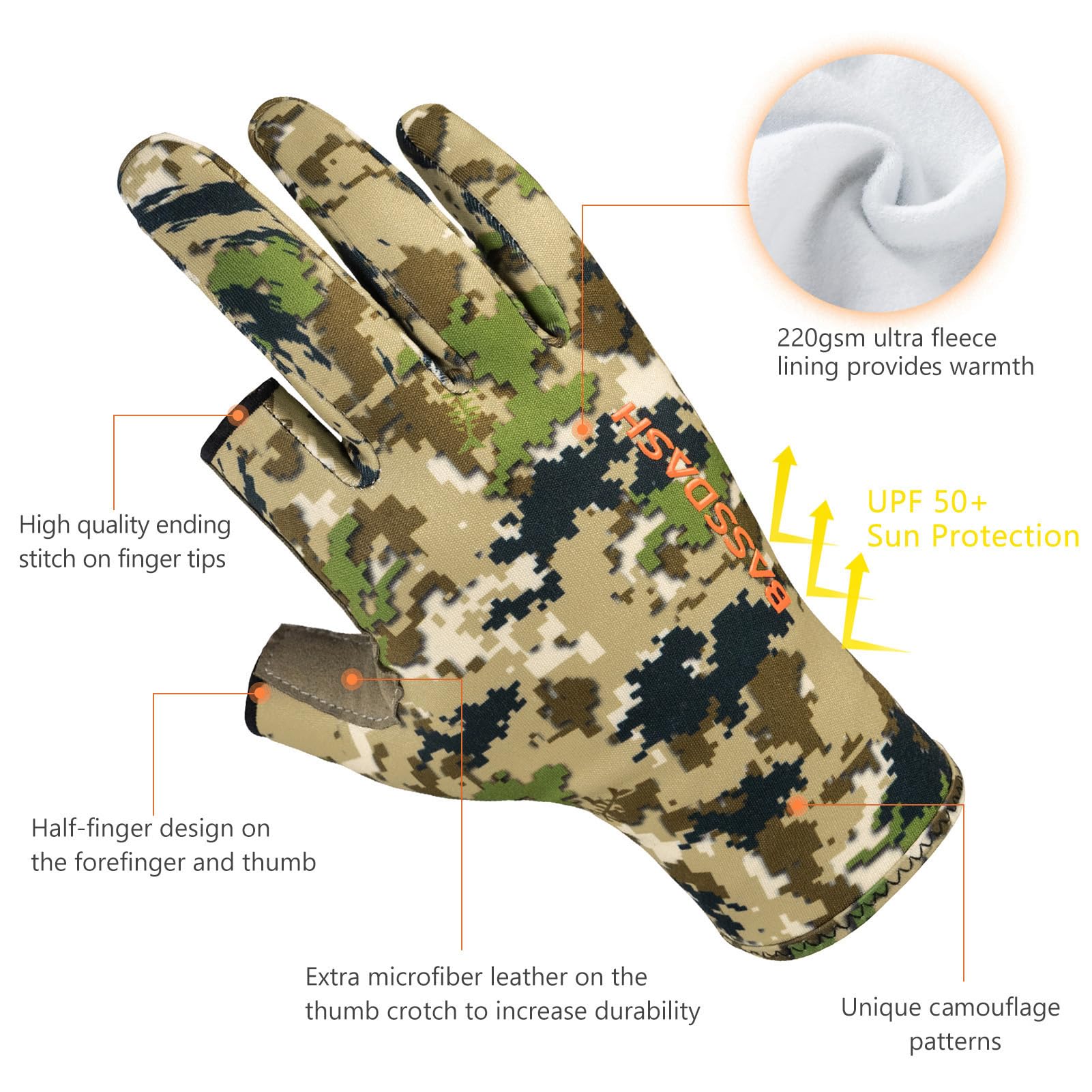 BASSDASH Guantes unisex de caza con forro polar sin dedos para clima frío, UPF 50+, ligeros, para fotografía de pesca, HG06