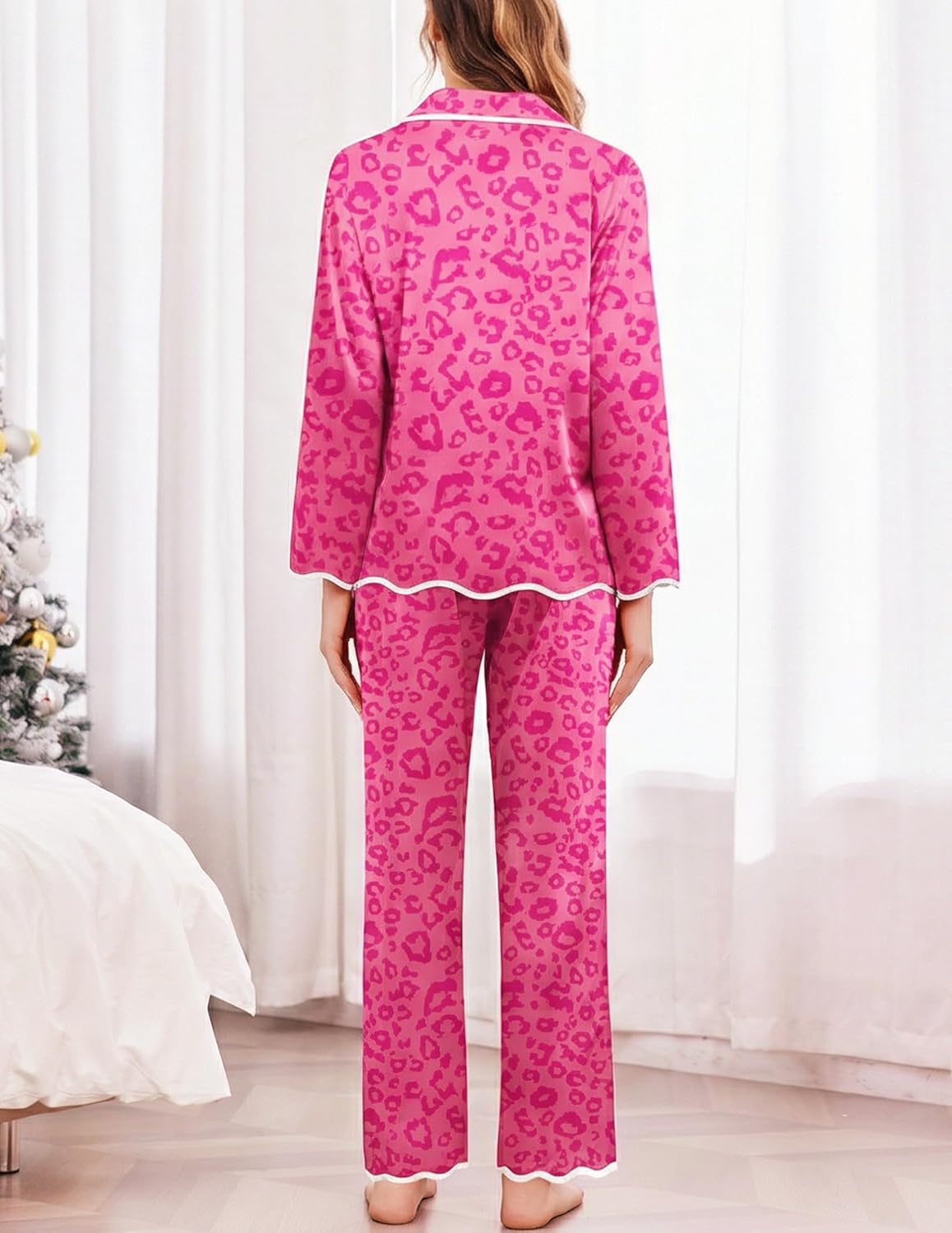 Ekouaer Satin Pajama Set Long Sleeve Button Down Pj Sets Ruffle Silk Valentine Pajamas for Women - Image 4