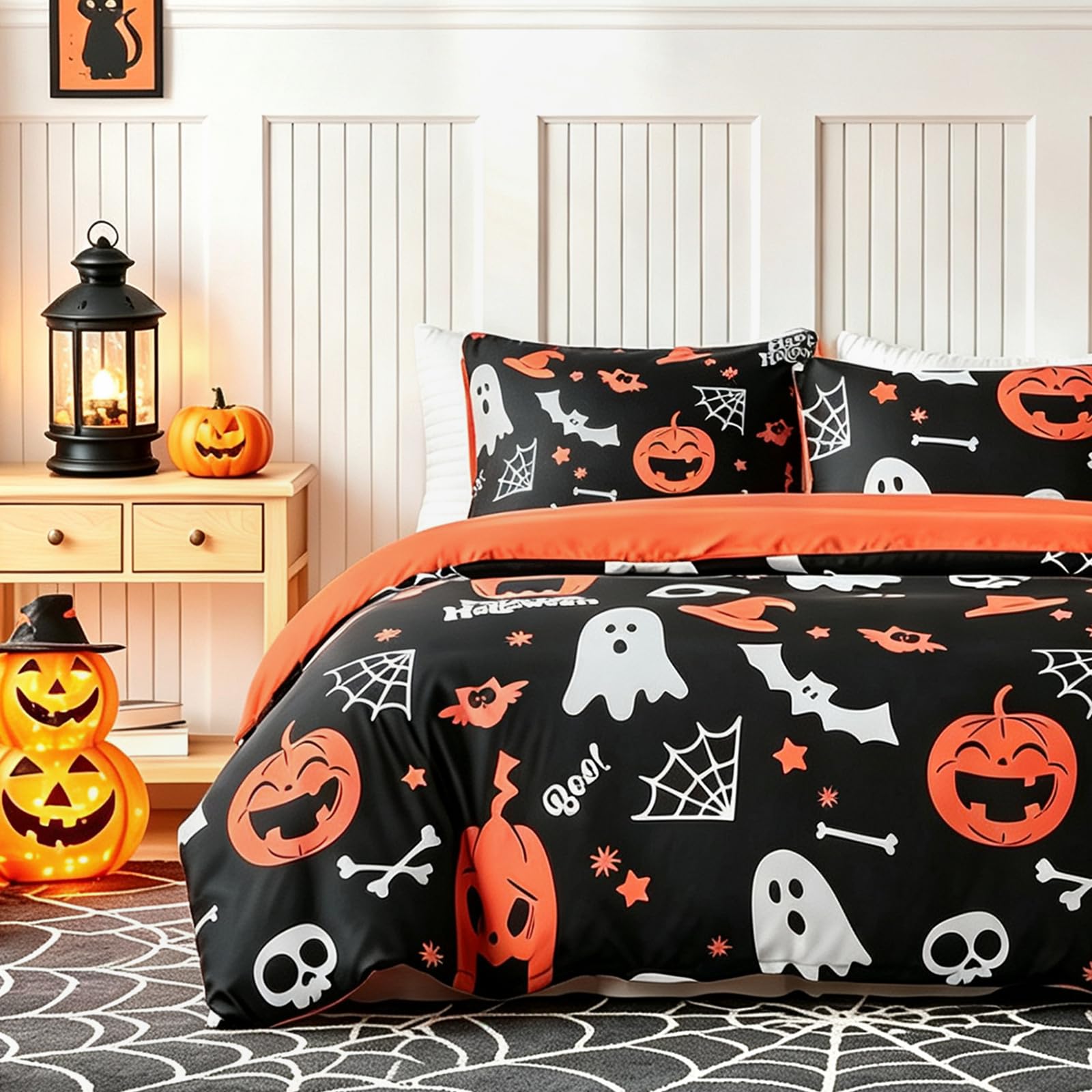 Lekesky Halloween Black Duvet Cover Queen Size, Pumpkin and Ghost