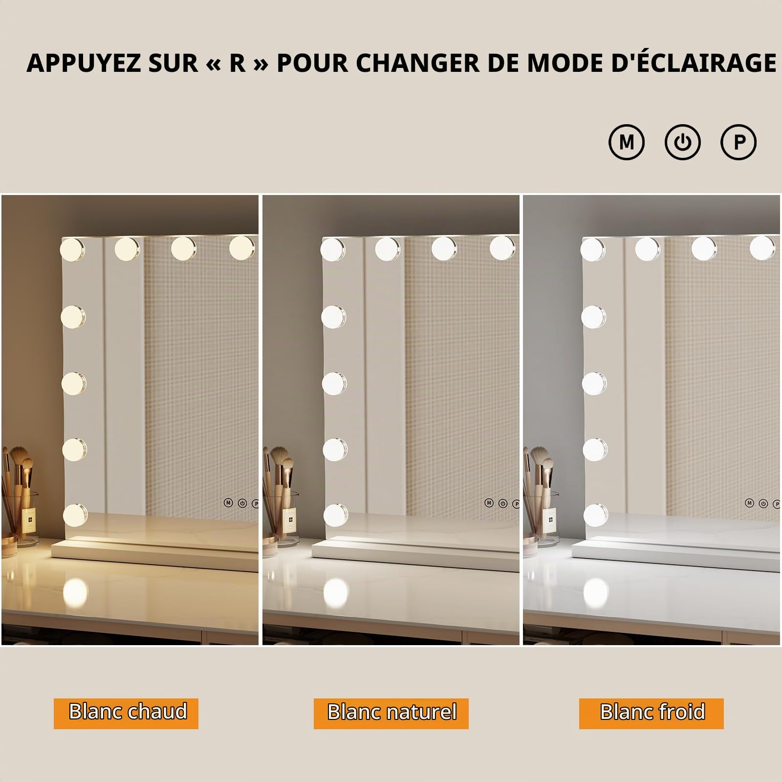 Miroir Coiffeuse, Miroir Hollywood avec 3 Modes de Couleur, Contrôle Tactile, Ports USB 58X46cm (Blanc)