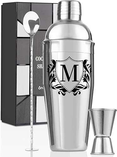 Onebttl Juego de coctelera de bar, regalos con iniciales, mezclador de bebidas de 24 onzas con jigger y cuchara medidora, herramientas de barra de