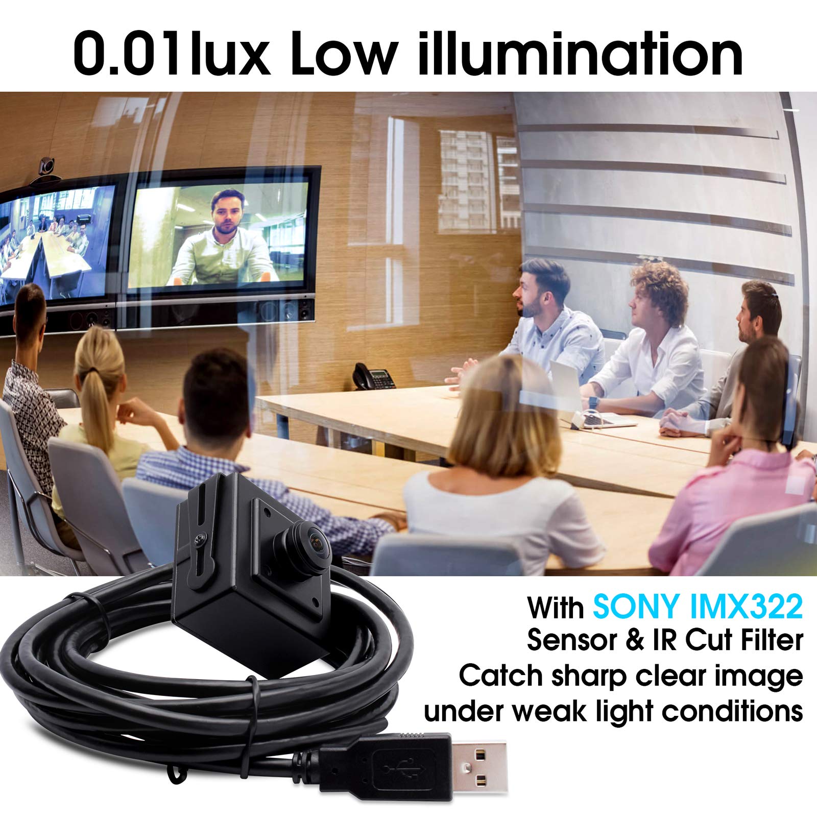 Svpro Full HD 1080P Low Light Kamera USB Kamera mit Aluminiumgehäuse, IMX323 Sensor Mini USB Webkamera 2MP H.264 USB Webcam mit integriertem digitalen Mikrofon für PC oder Embedded-Projekt