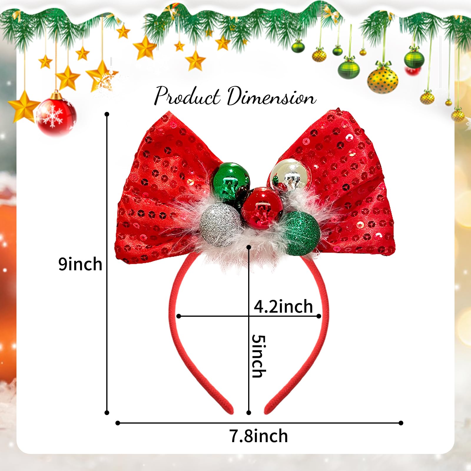 Xepeelo Happy Christmas Bow Headband Red Bow Hairband Xmas Hair Hoop Red Shinny Glitter Hair Band Design Green Bell Bowknot Headdress Christmas Party Photo Props Head Wear Gift for Hair Decoration