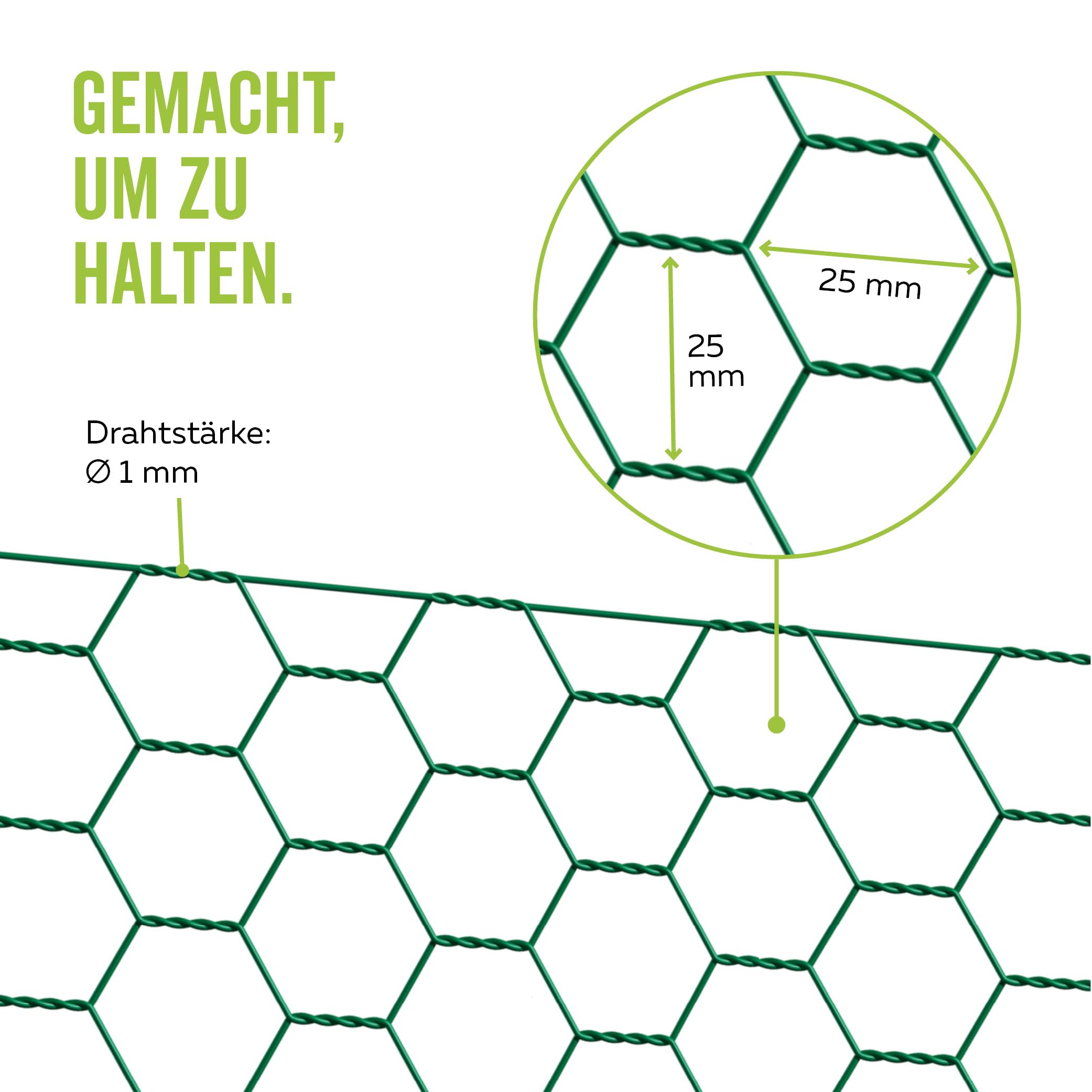Alberts 614232 Tela metálica de malla hexagonal, Distintas longitudes y alturas - disponible en diferentes colores, Verde, Mallas 25 x 25 mm, Altura 50 cm, Longitud 25 m