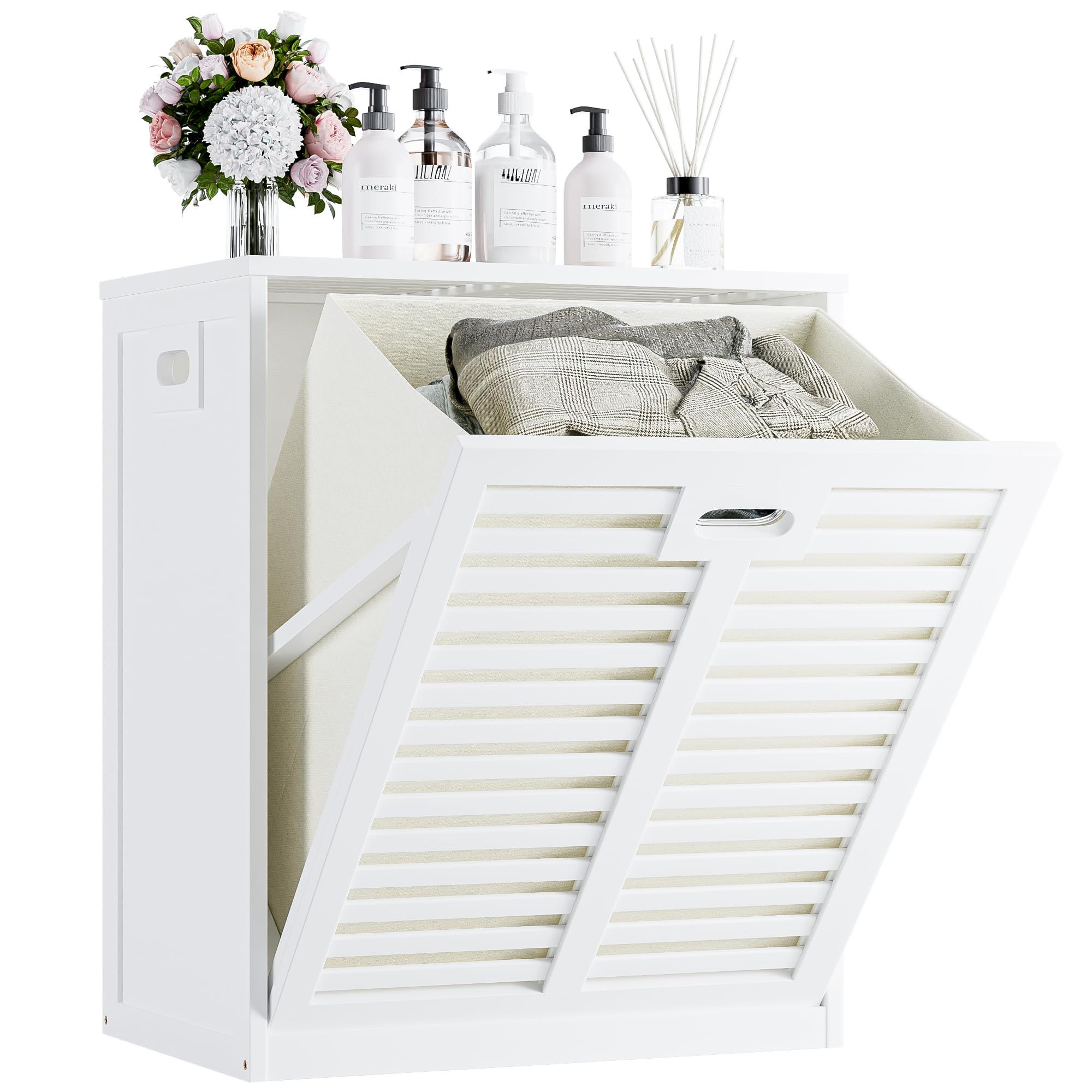 HITNET Mobile Bagno con Portabiancheria, Mobiletto Bagno Salvaspazio da Terra in Bambù con Portabiancheria, Sacco Interno Rimovibile con Maniglie per Lavanderia e Camera da Letto, Bianco