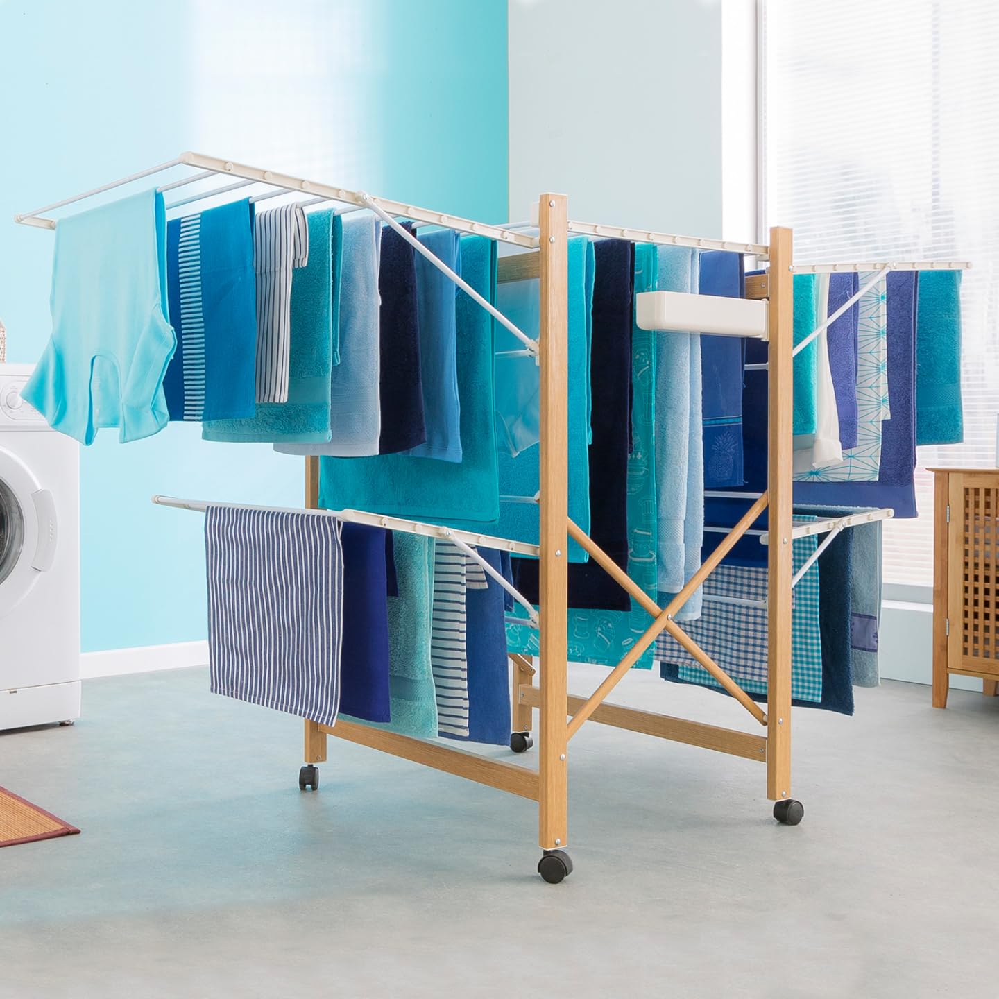 Probache - Séchoir à Linge Pliable Deluxe capacité 27M Blanc et Effet Bois
