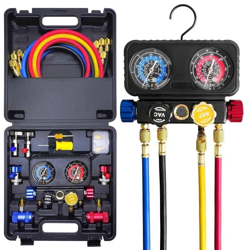 Kit de Manifold Gauge de 4 Vias para Ar-Condicionado Automotivo CALPOSE R1234yf R134a R404a com Mangueiras de 1,52 m