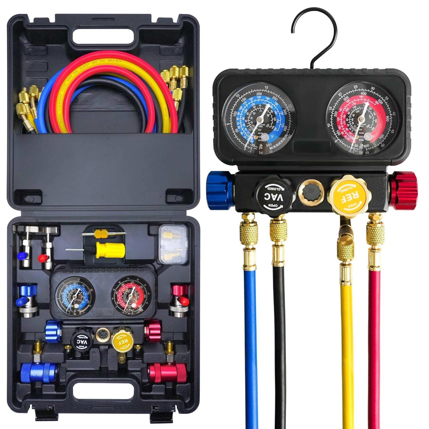 CALPOSE Juego de medidores de aire acondicionado R1234yf, juego de manómetros de aire acondicionado de 4 vías para refrigerante R1234yf R134a R404a, juego de manómetros de 4 válvulas con mangueras de