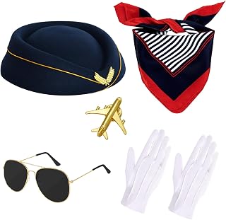6 Pcs Women Flight Attendant Costume Accessories Flight Attendant Hat Gloves Scarf Sunglasses for Halloween Cosplay