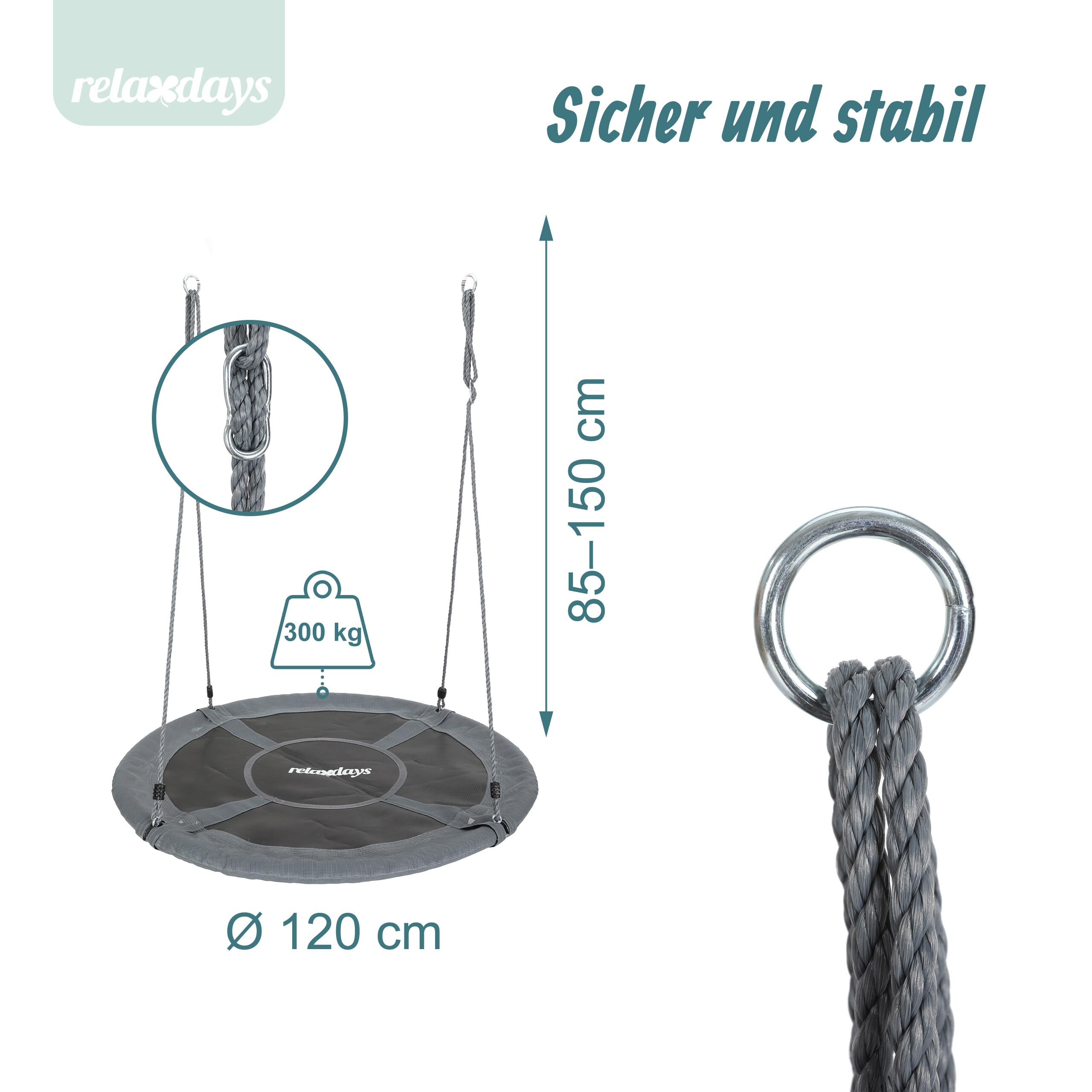 Relaxdays Nestschaukel, runde Hängeschaukel, XXL, bis 300 kg, Kinder & Erwachsene, verstellbar, Outdoor, Ø: 120 cm, grau