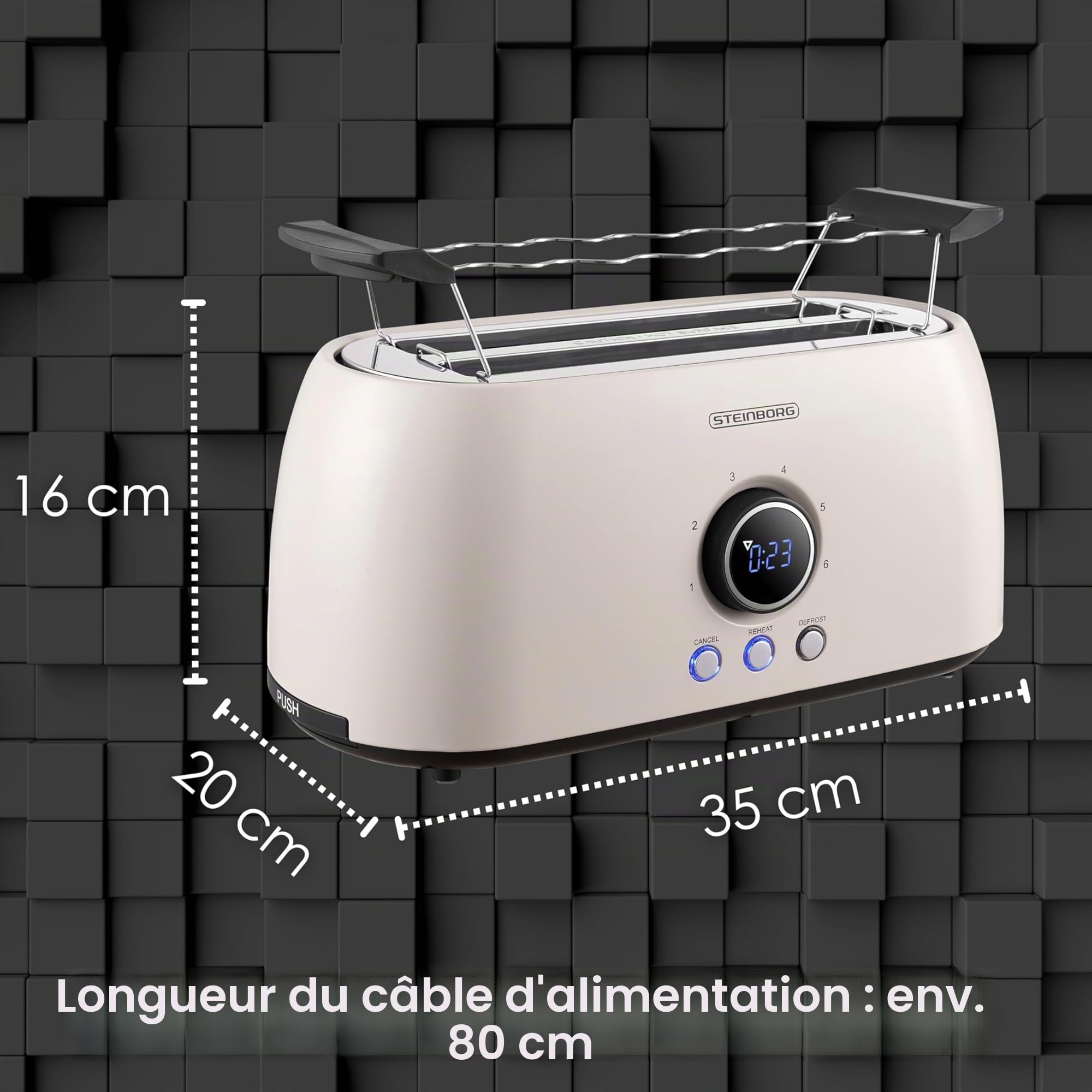 Steinborg Grille-pain pour 4 tranches avec grille à viennoiseries - Arrêt automatique - Double fente - Écran LED avec affichage du temps restant - Beige