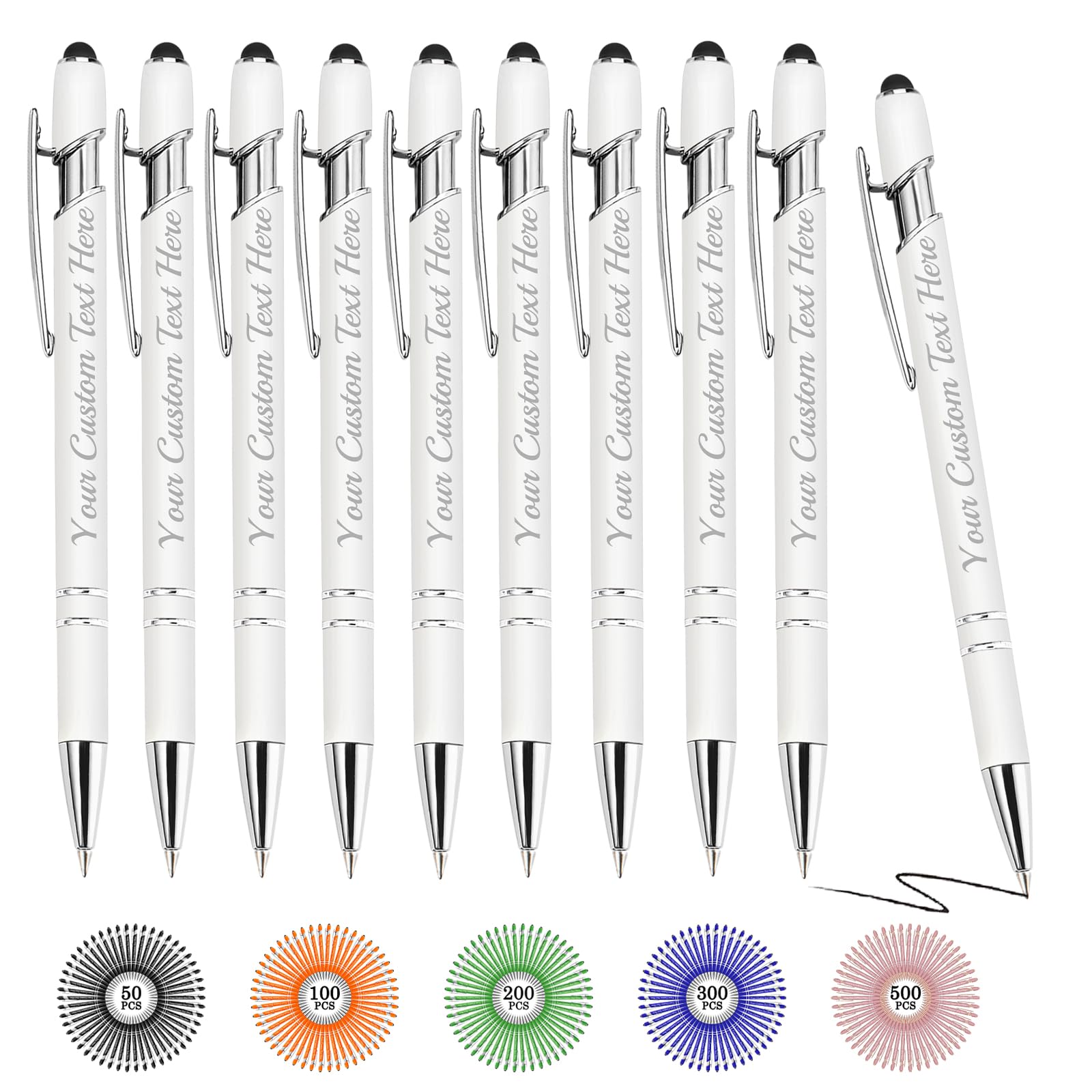 Oscolewis Personalized Bulk Pens with Stylus customized Name&Logo&Text Ballpoint Pen Custom Engraved Pens Black Ink Corporate Business Work School Promotion Gift White