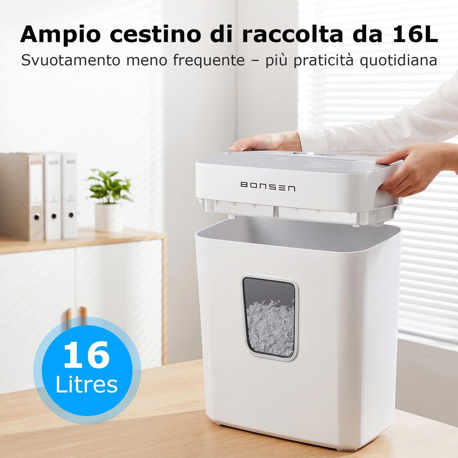 BONSEN Distruggidocumenti Microtaglio 6 Fogli, Livello di Sicurezza P-4 | Può triturare carte di credito e graffette, ciclo continuo 5 min, cestino da 16L con finestra, protezione da surriscaldamento