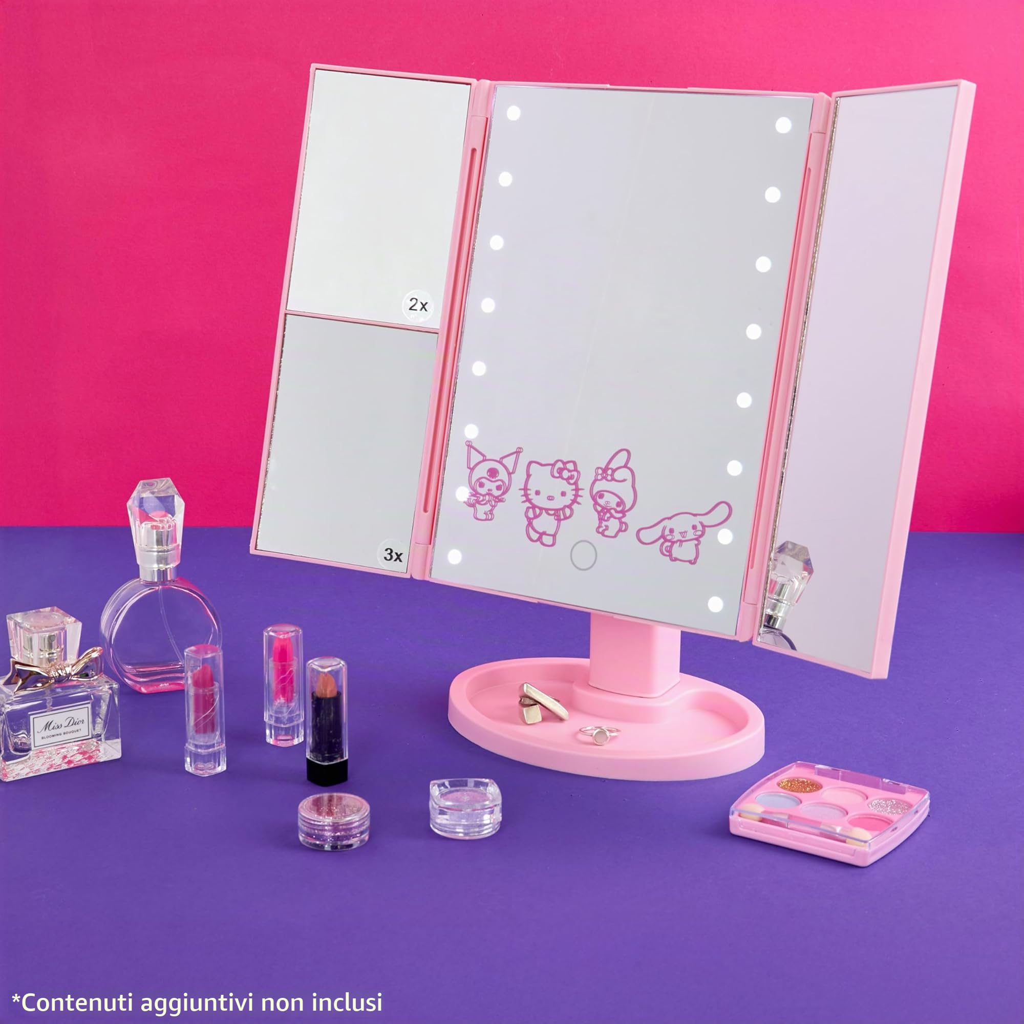 Get Trend Hello Kitty Sanrio Specchio Vanity con 16 LED Luci Tri-Fold Illuminare Specchi da Trucco con 3 Modalità Ingrandimento e Sensore Touch