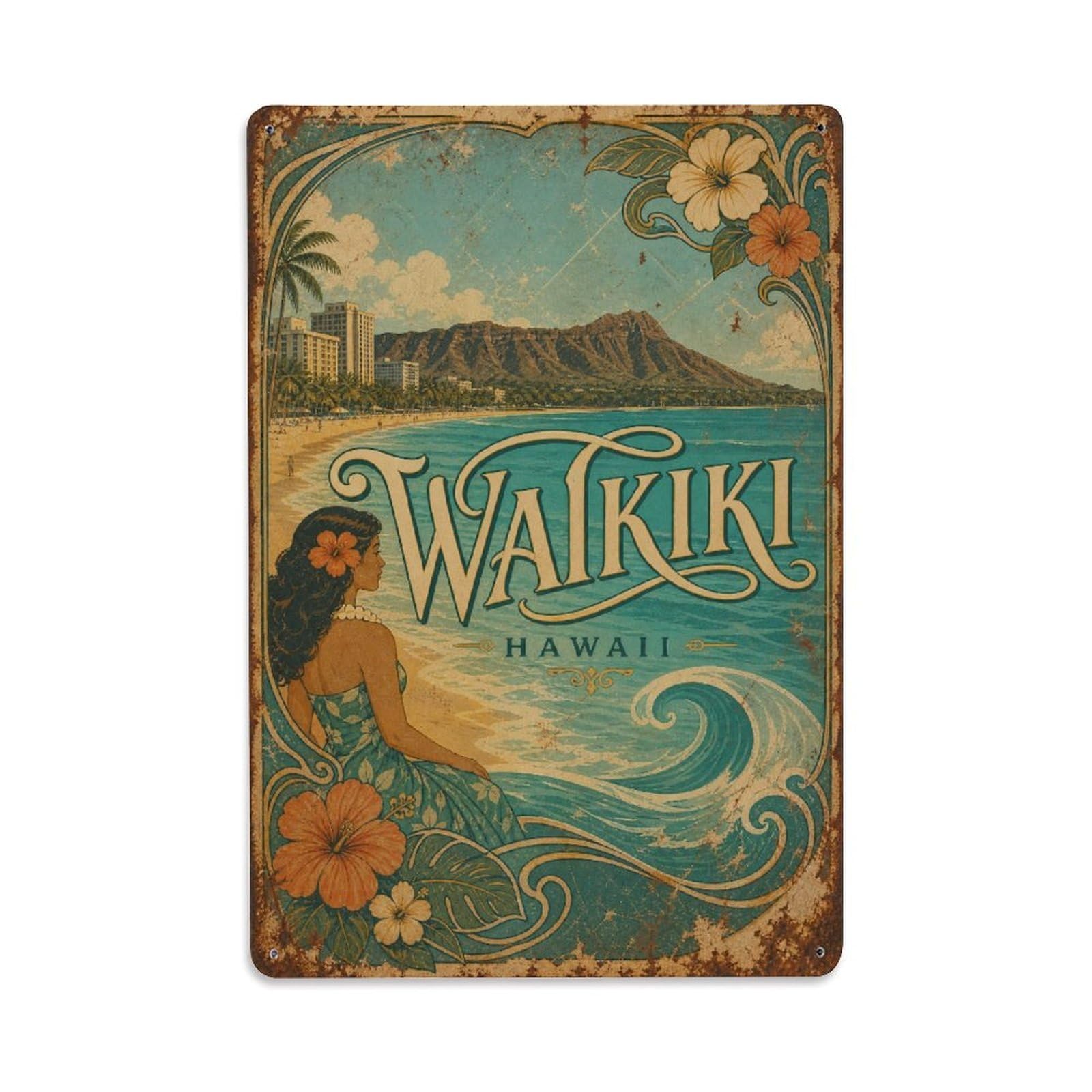 Waikiki Hawaii Island Coastal Beach Travel Vintage Metal Tin Sign