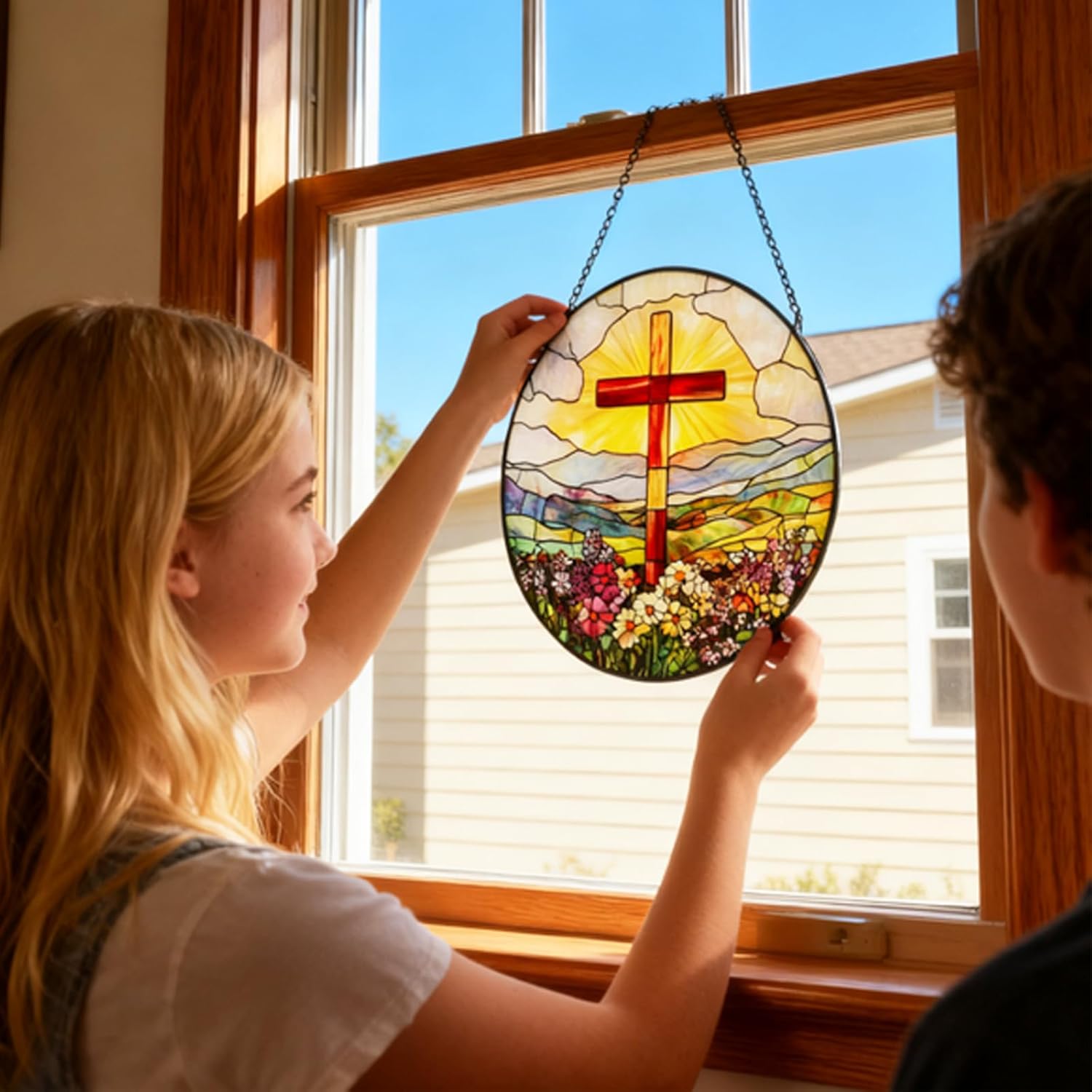 8 Inch Stained Glass Cross Suncatcher, Christian Window Hanging - Religious Easter Home Decor Gift