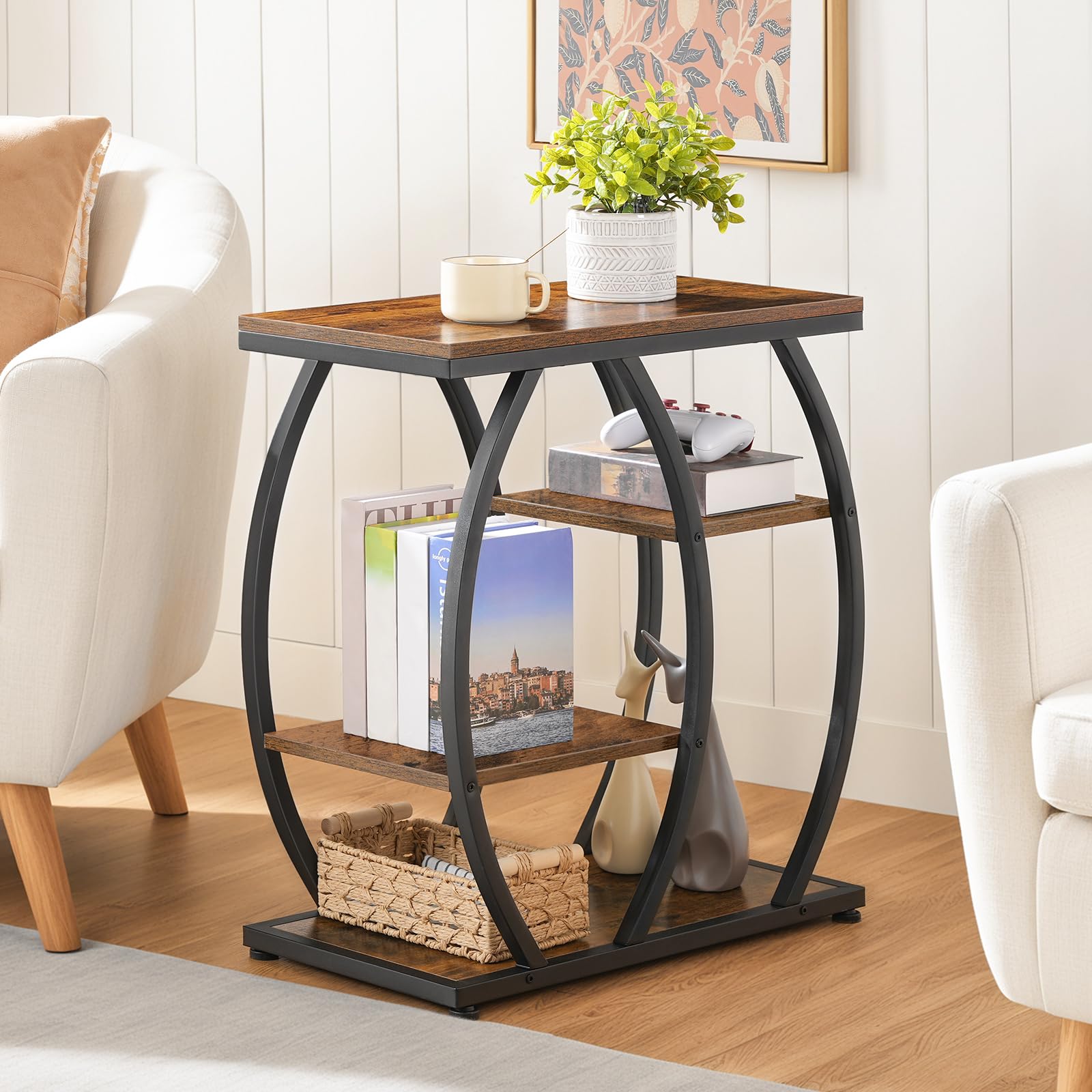 HOOBRO Mesa Auxiliar Estilo Industrial, Mesita de Centro con 4 Estantes, Mesa de Sofá Estrecha con Tableros y Estructura Metálica, para Sala, Dormitorio o Despacho, Marrón Vintage y Negro EBF164BZ01