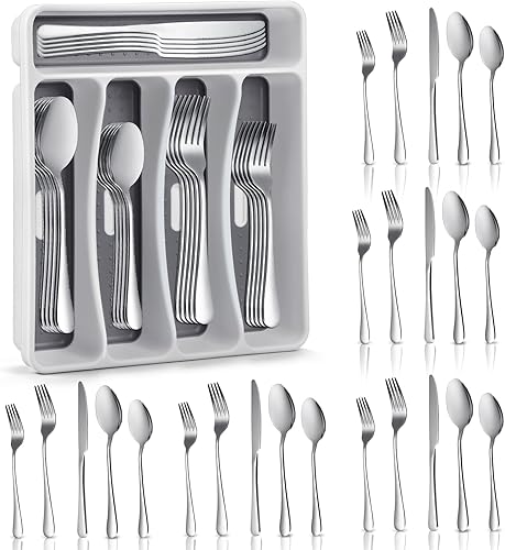 Juego de cubiertos de 51 piezas con organizador, juegos de cubiertos para 10 cubiertos de acero inoxidable, juegos de utensilios de cocina,