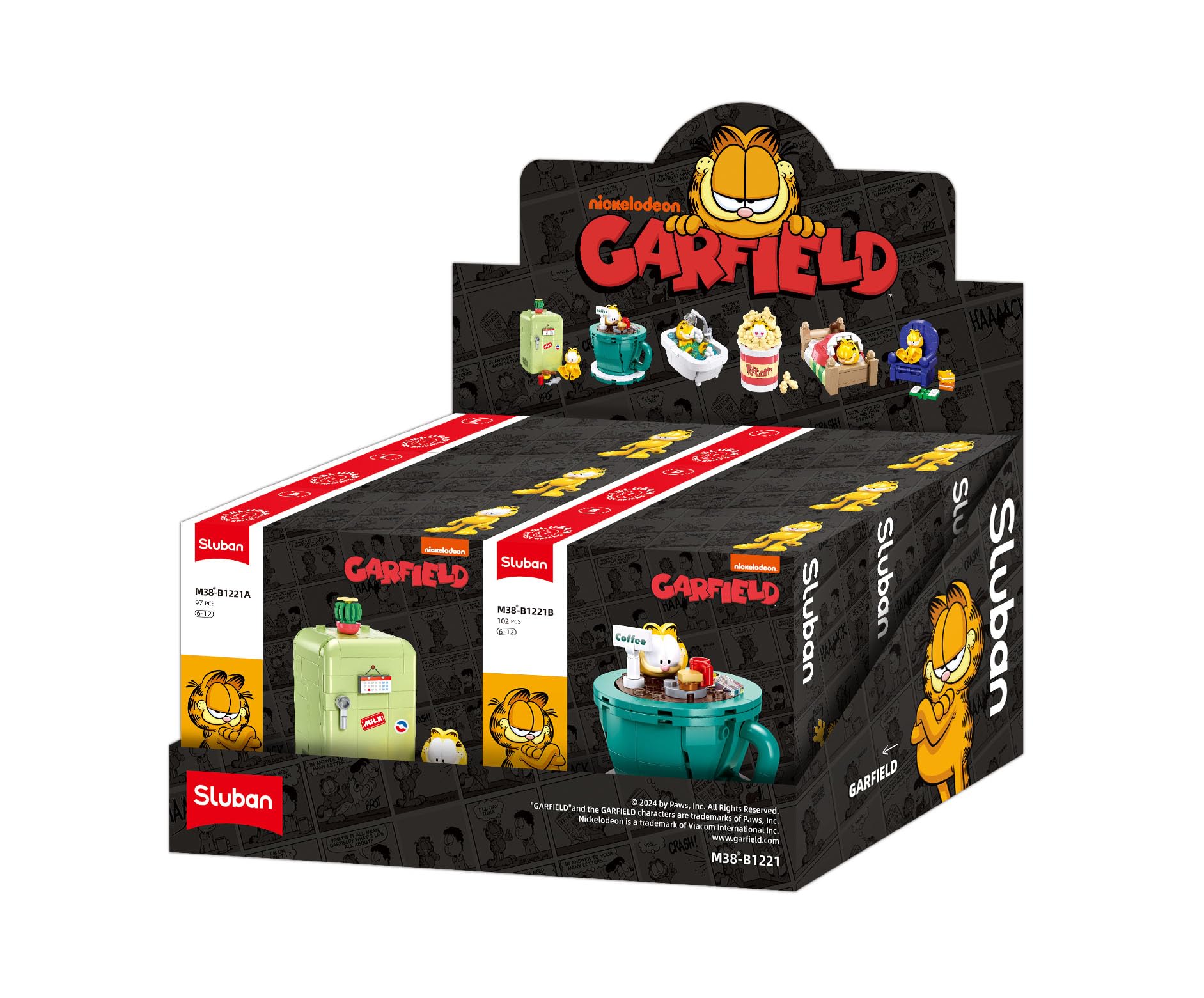 Sluban Garfield - Scatola espositiva, 6 scene da costruire, statuette Garfield a tema Nickelodeon, plastica ABS