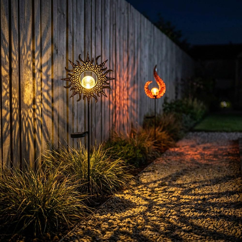 2x LED Solar Außenleuchte Steckleuchte Gartenleuchte Sonne Flamme Braun H 81,5 cm