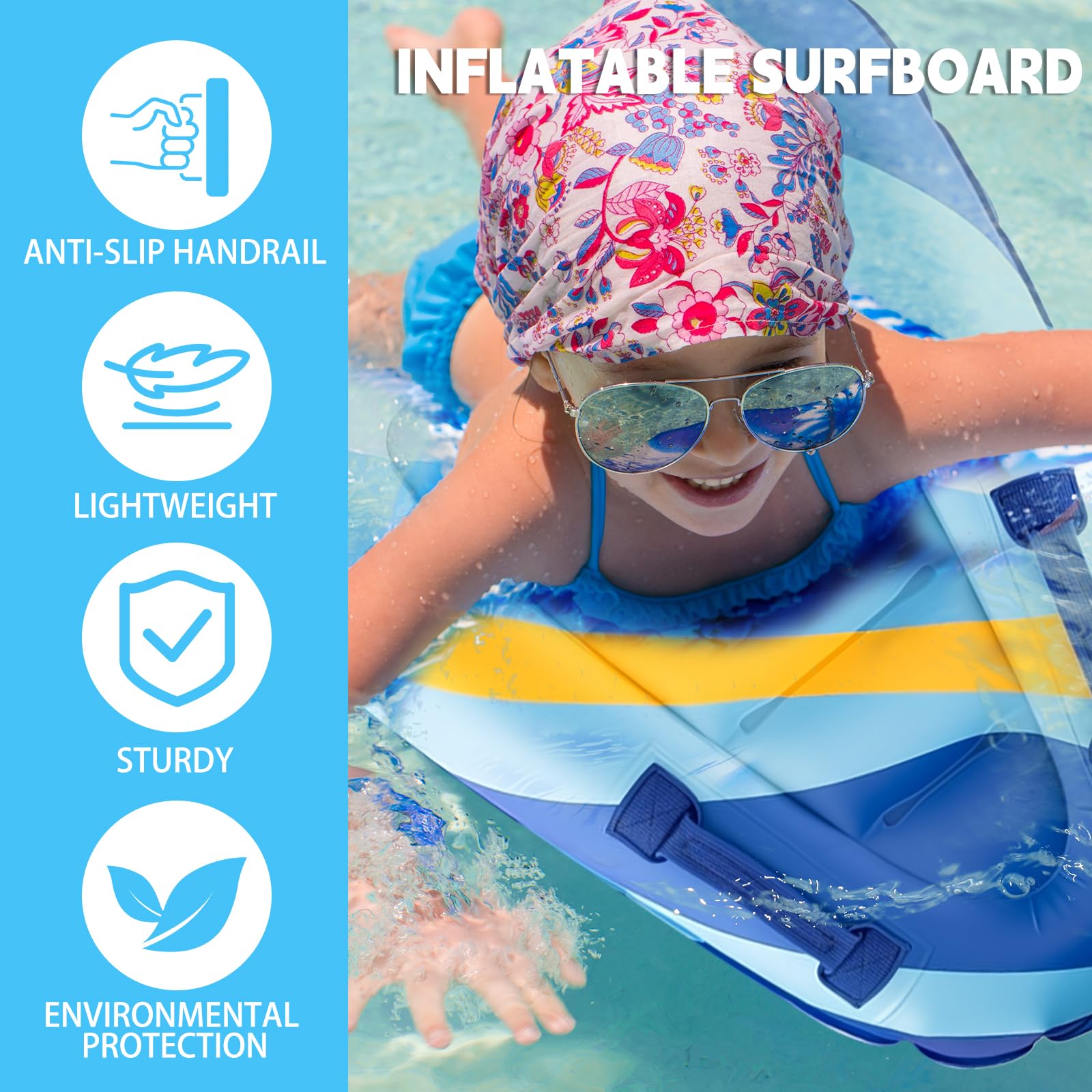 Bodyboard Gonflable pour Enfant, Shyllin Planche de Surf Gonflable avec Poignées, Planche de Natation Portable, Planche Flottante Piscine, pour Plage Surf Piscine Natation Été Sports Nautiques