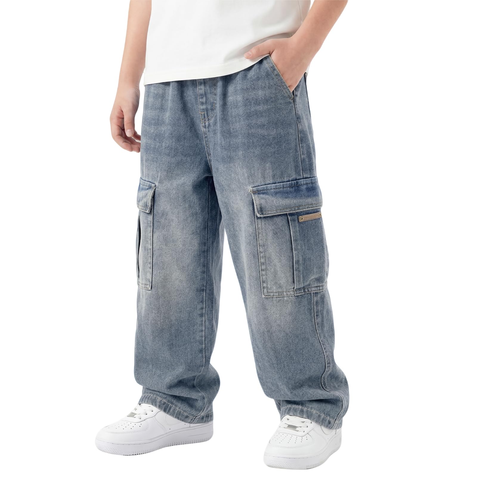 Vaqueros Baggy Cargo Jeans para Niños, Denim Pantalones con Cintura Elástica y Multi-Bolsillos Holgados Largos Stretch Denim Jeans Vintage Streetwear Skater Pants para Niño 7-15 Años