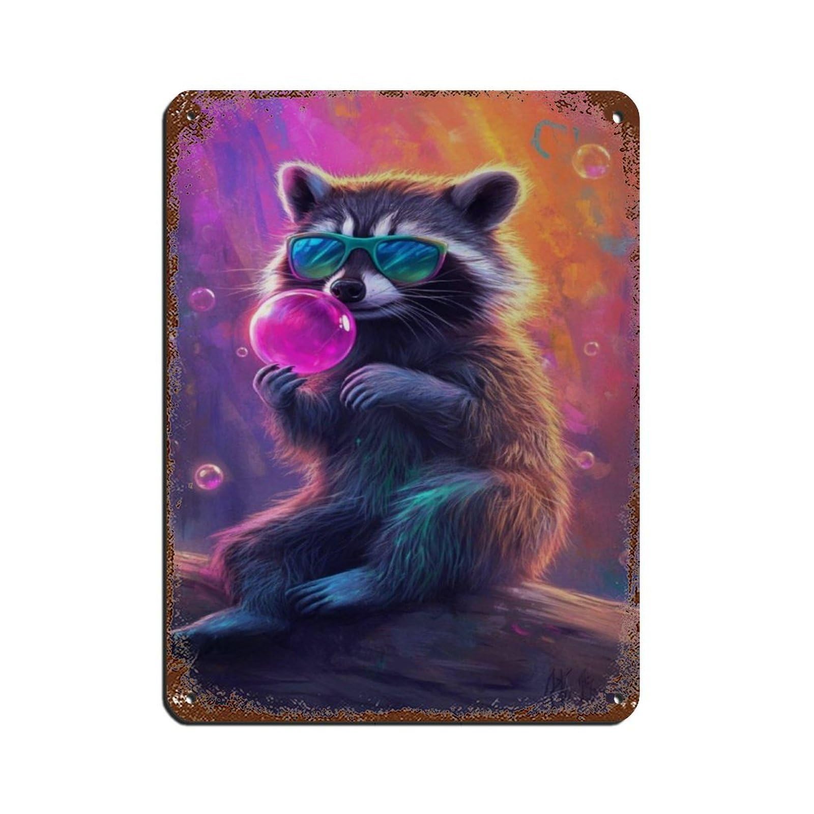 Cute Raccoon with Bubblegum Colorful Animal Retro Poster Metal Tin Sign Chic Art Retro Iron Painting Bar People Cave Cafe Family Garage Poster Wall Decoration 12x16inch(30x40cm)