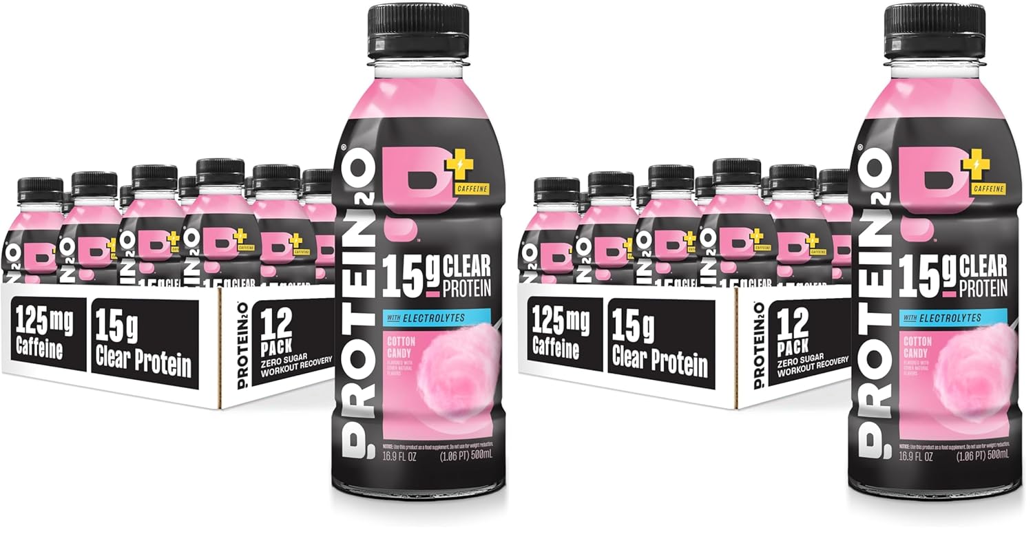Protein2o 15g Whey Protein Isolate Hydration Drink Plus Energy & Focus,350mg of Electrolytes,Vitamins B5 & B6,Sugar Free,Cotton Candy,16.9 oz Bottle,(Pack of 24)