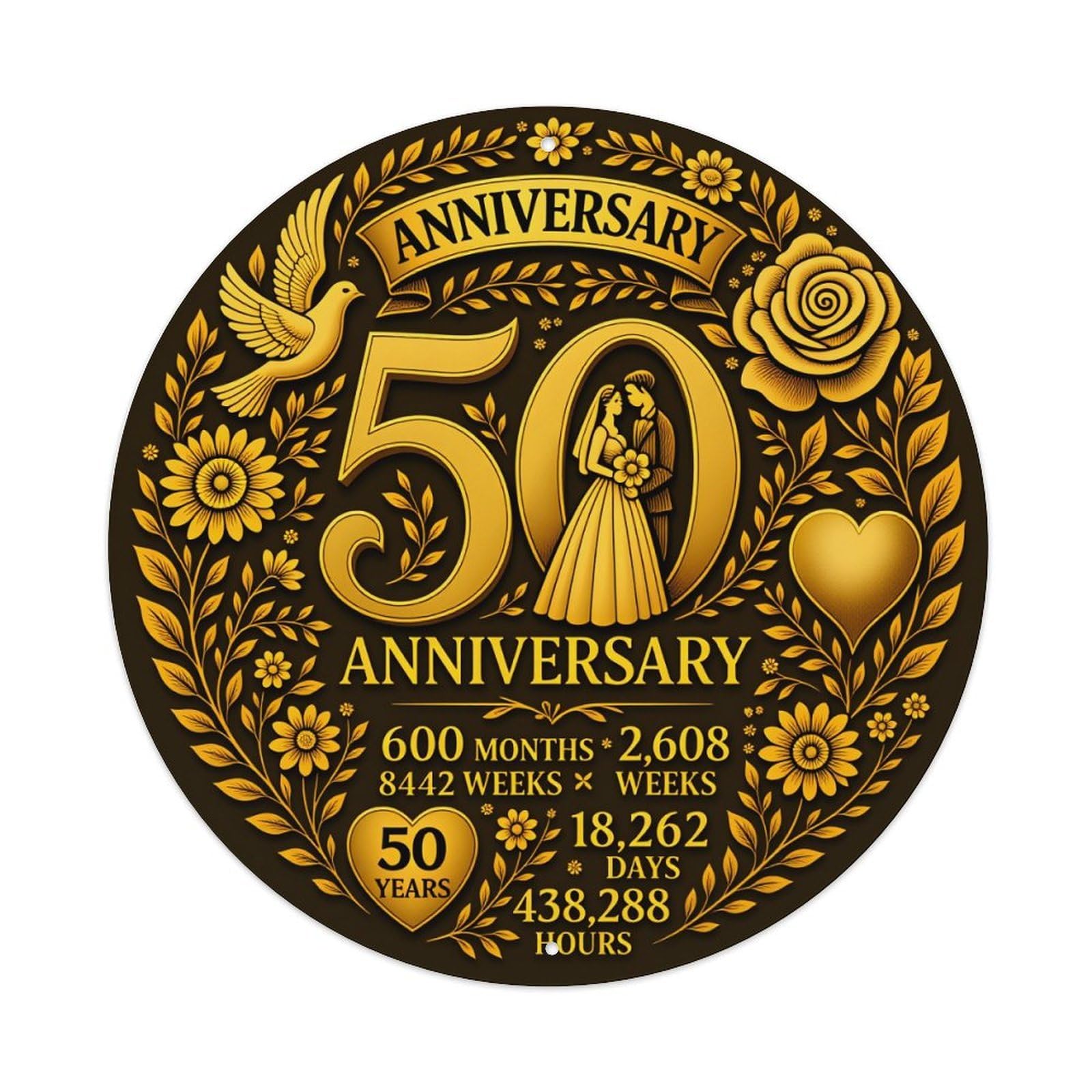 Golden Anniversary Floral Design Round Tin Sign Vintage Style Metal Sign Home Bar Garden Wall Plaque Decor Metal Poster 8x8 Inch