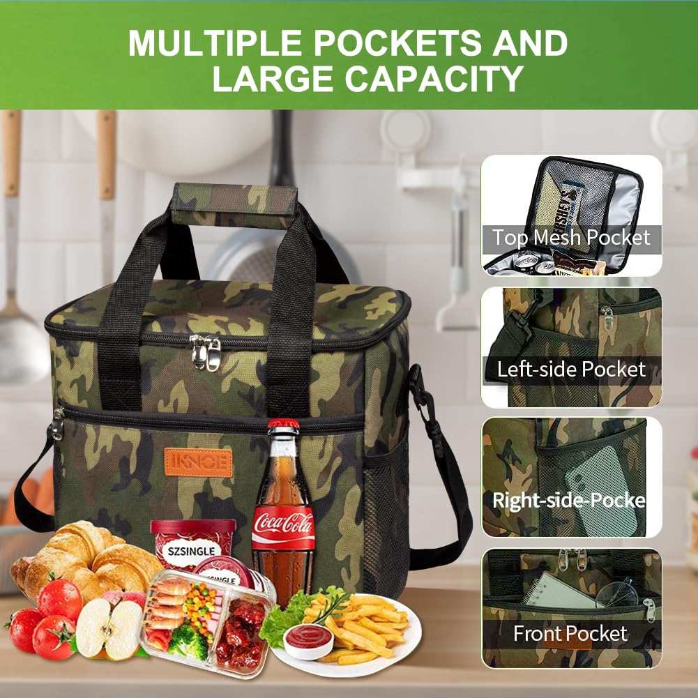 iknoe Collapsible 24 Can Insulated Cooler Bag with Multi-Pockets for Adult & Kids Lunch, Beach, Picnic, Work, School (Camo) - Image 2