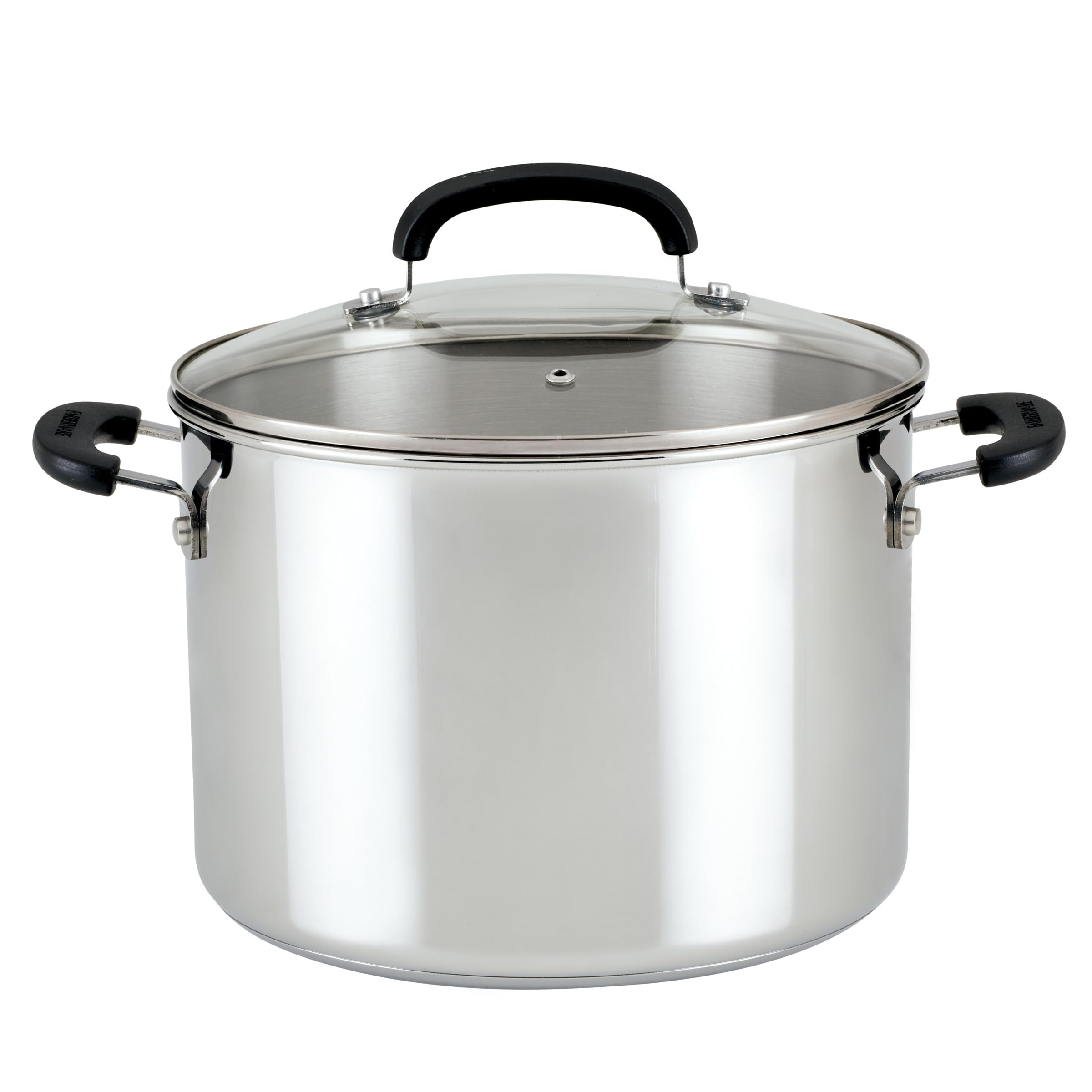 farberware brilliance stainless steel stockpot with glass lid, 8 quart, dishwasher safe and induction ready, compatible with all cooktops, stainless steel