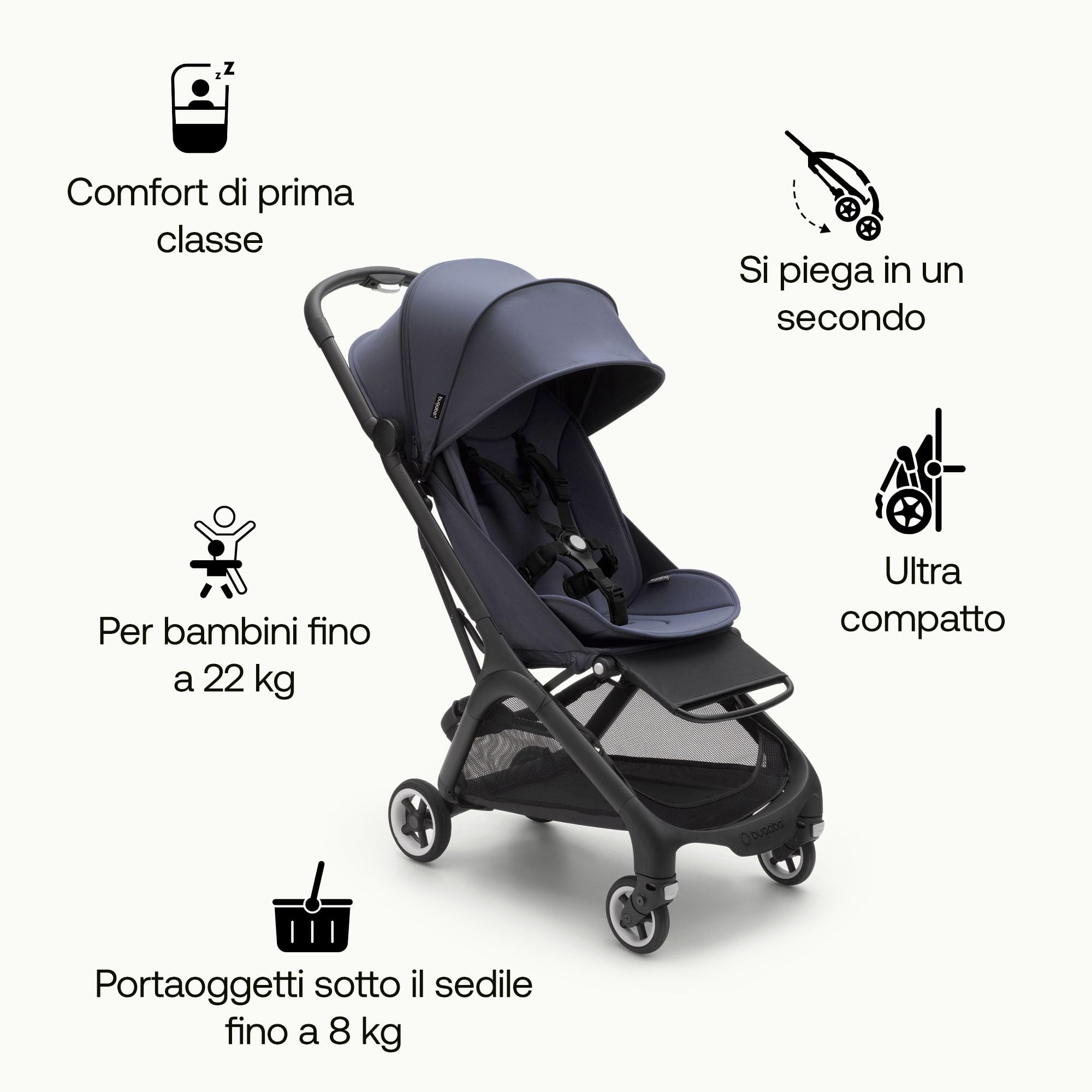 Bugaboo Butterfly Passeggino da Viaggio Ultracompatto, Piccolo e Leggero, Si Chiude in 1 Secondo, Passeggino da Città Ergonomico e Spazioso, da Neonato a Bambino, Guida Comoda, Stormy Blue