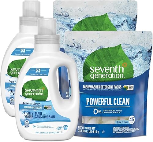Seventh Generation Paquetes de detergente para lavavajillas, libre y transparente, 90 paquetes con detergente concentrado para ropa, libre y