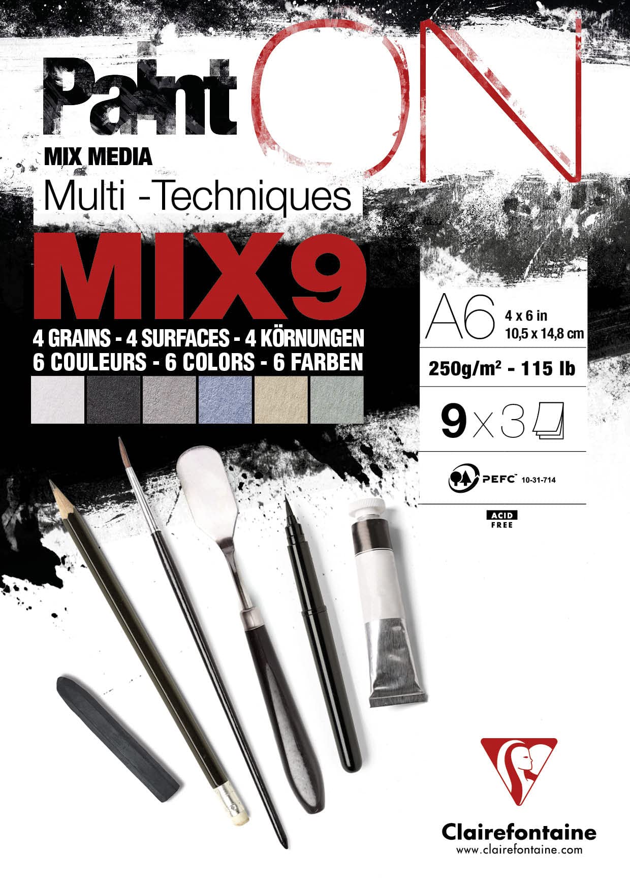 Clairefontaine 960078C - PaintON MIX9 Bloc Pegado Multitécnica - 27 Hojas Papel de Dibujo Multitécnica - Surtido con 9 Papeles x3 Hojas - A3 29,7x42 cm 250g