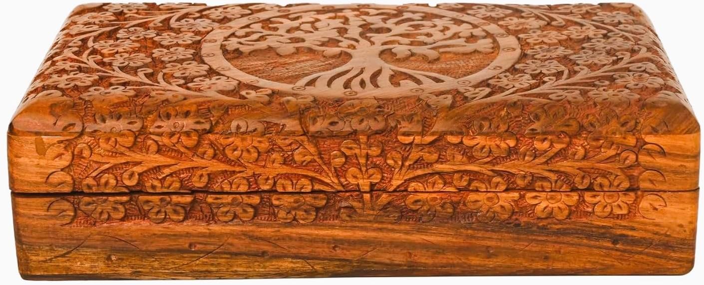 Handcarved Wooden Decorative Treasure Chest Box 8 x 5 Inch Brown Tree Of Life Pattern - Multipurpose Use as Sister gifts for Jewelry Storage, Watch Box, Grandma Gifts