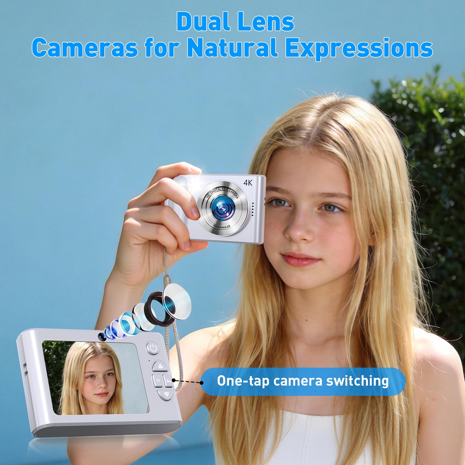 Fotocamera digitale, fotocamera digitale economica 1080p, 48 MP, fotocamere digitali per punti e riprese con doppio obiettivo, luce di riempimento e scheda SD da 32 GB, fotocamera per bambini per