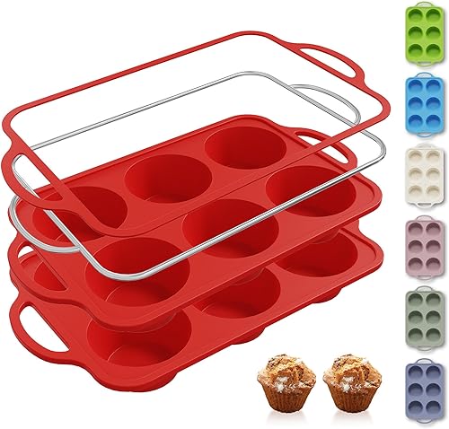 Miniatura 45 de 2 paquetes de 12 tazas de molde para magdalenas de silicona para hornear con marco reforzado de metal, molde para cupcakes de tamaño regular, molde