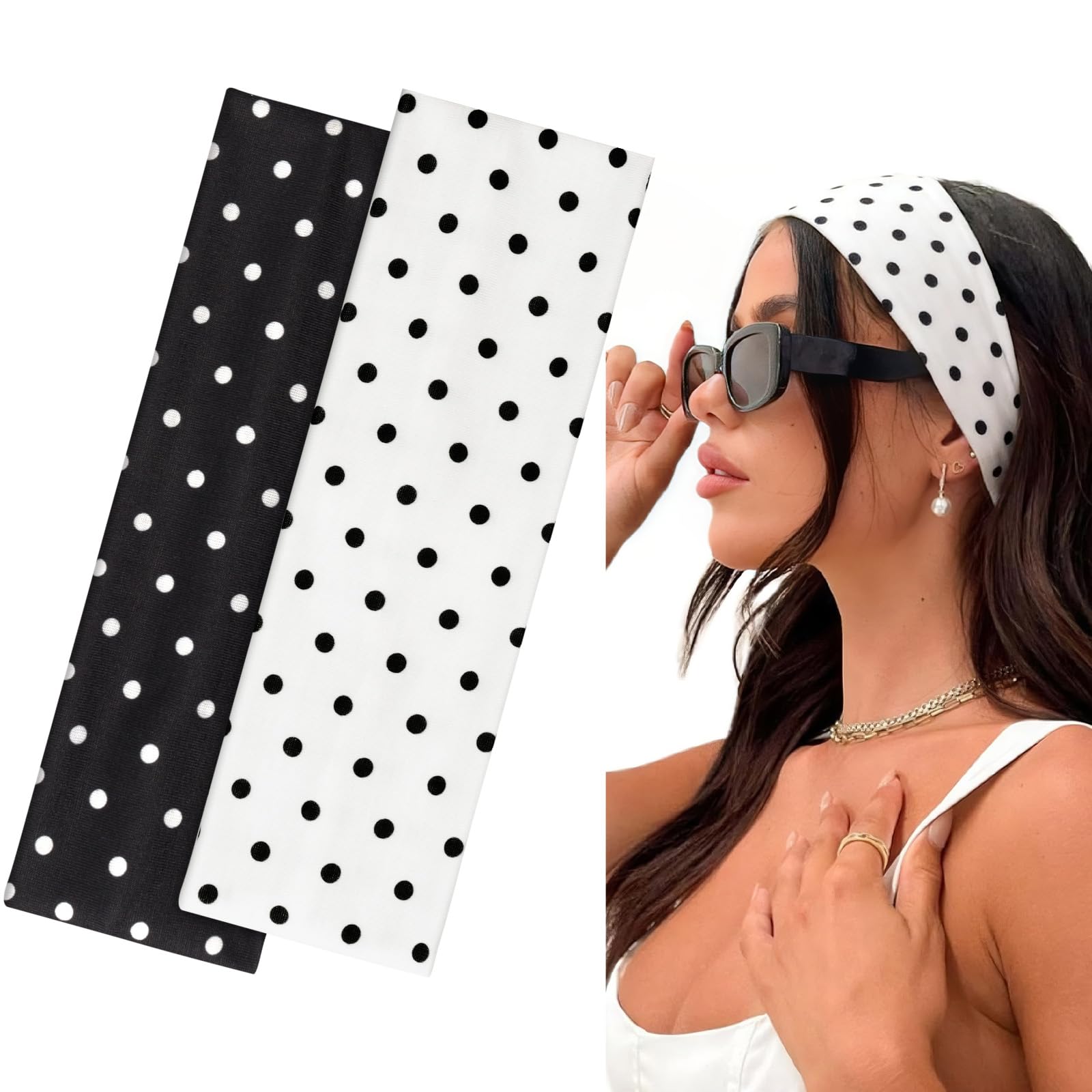 BELEVO Women's Sports Headband, 7 cm Headband, Yoga Headband, Women's Non-Slip Hair Band, Hair Bands for Fitness, Running, Exercise, Gym (Polka Dot Black & White)-image-17