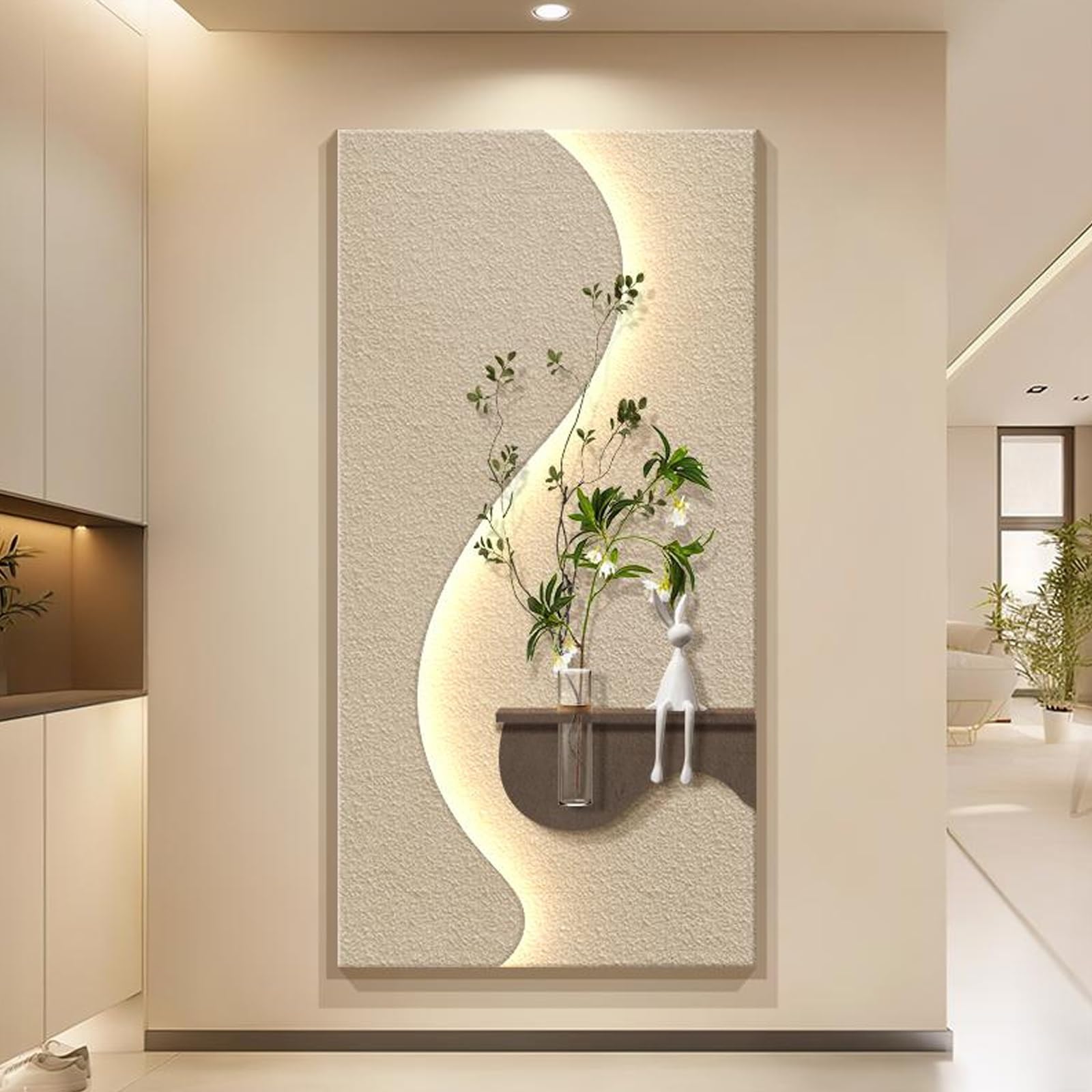 Dekoracja 3D malowidła ścienne, wiszące rzeźby ścienne ze światłem LED Chińska lampa do domu, przedpokoju, sypialni (biała, 70 x 140 cm/27,5 x 55,1 cala)