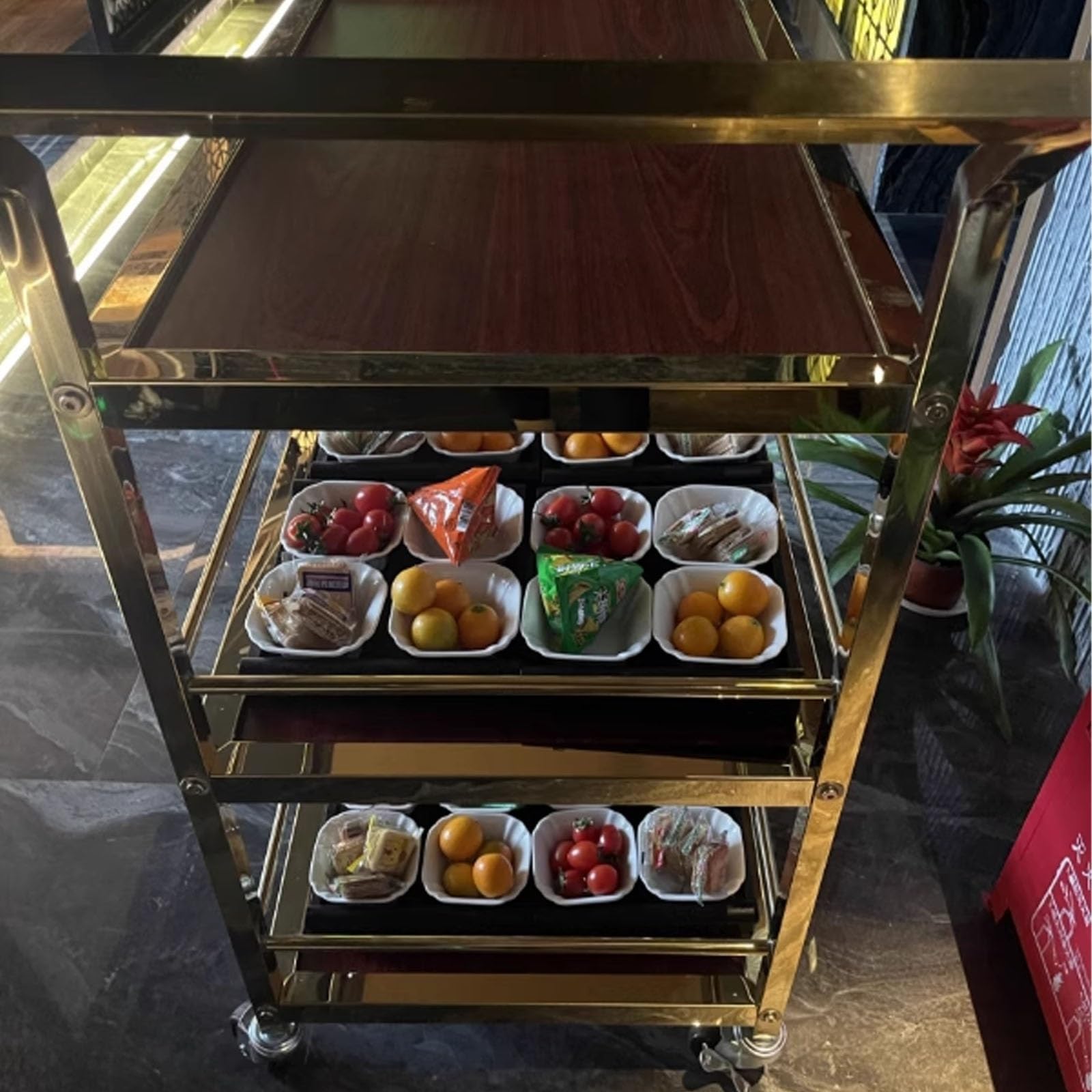 Carrito de Servicio de Alimentos de Tres Niveles de Acero Inoxidable de Alta Resistencia con Ruedas, Carrito portátil de Empuje Manual para Catering de Aperitivos para hoteles, KTV, restaura