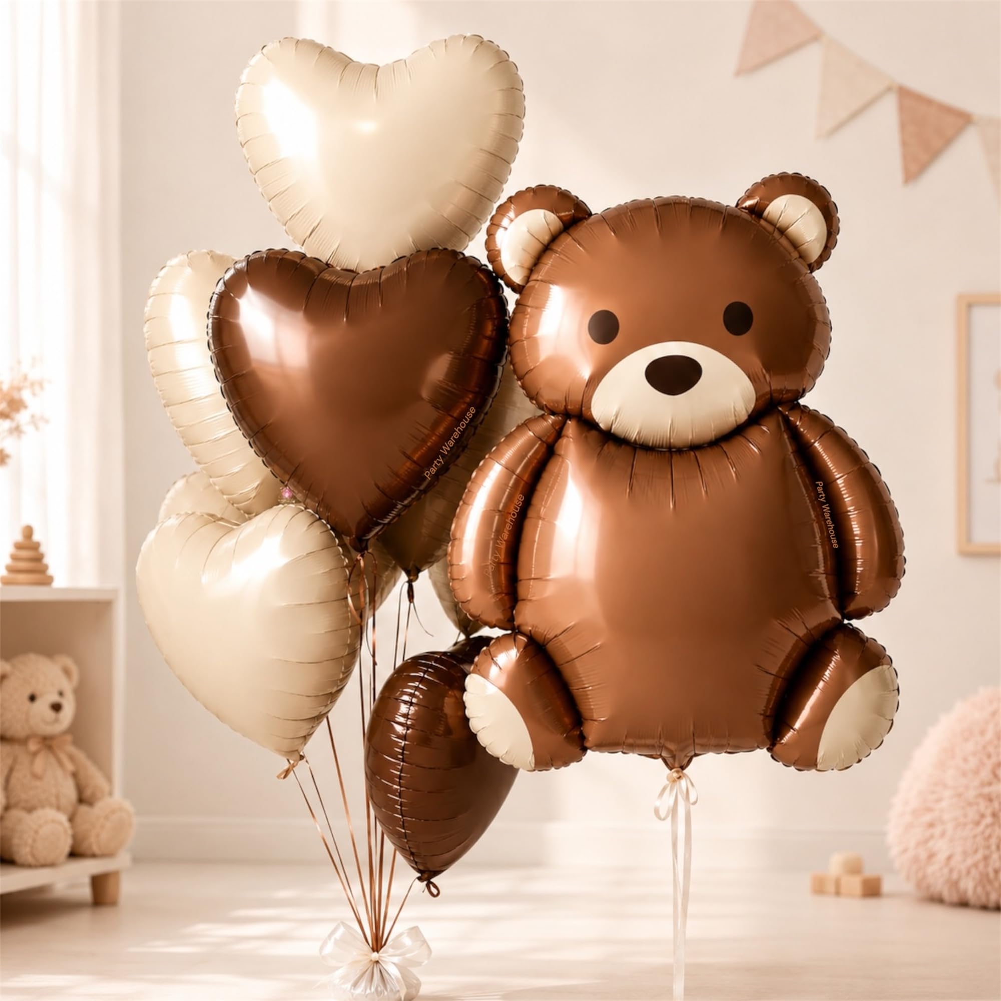 Party Warehouse Pastel Teddy Foil Balloon Decoration Set| XL Brown teddy with Pastel Heart Balloons for Baby Shower, Welcome Baby, 1st Birthday, Nursery Decor & Teddy Theme Party Décor-6 Pcs-image-35