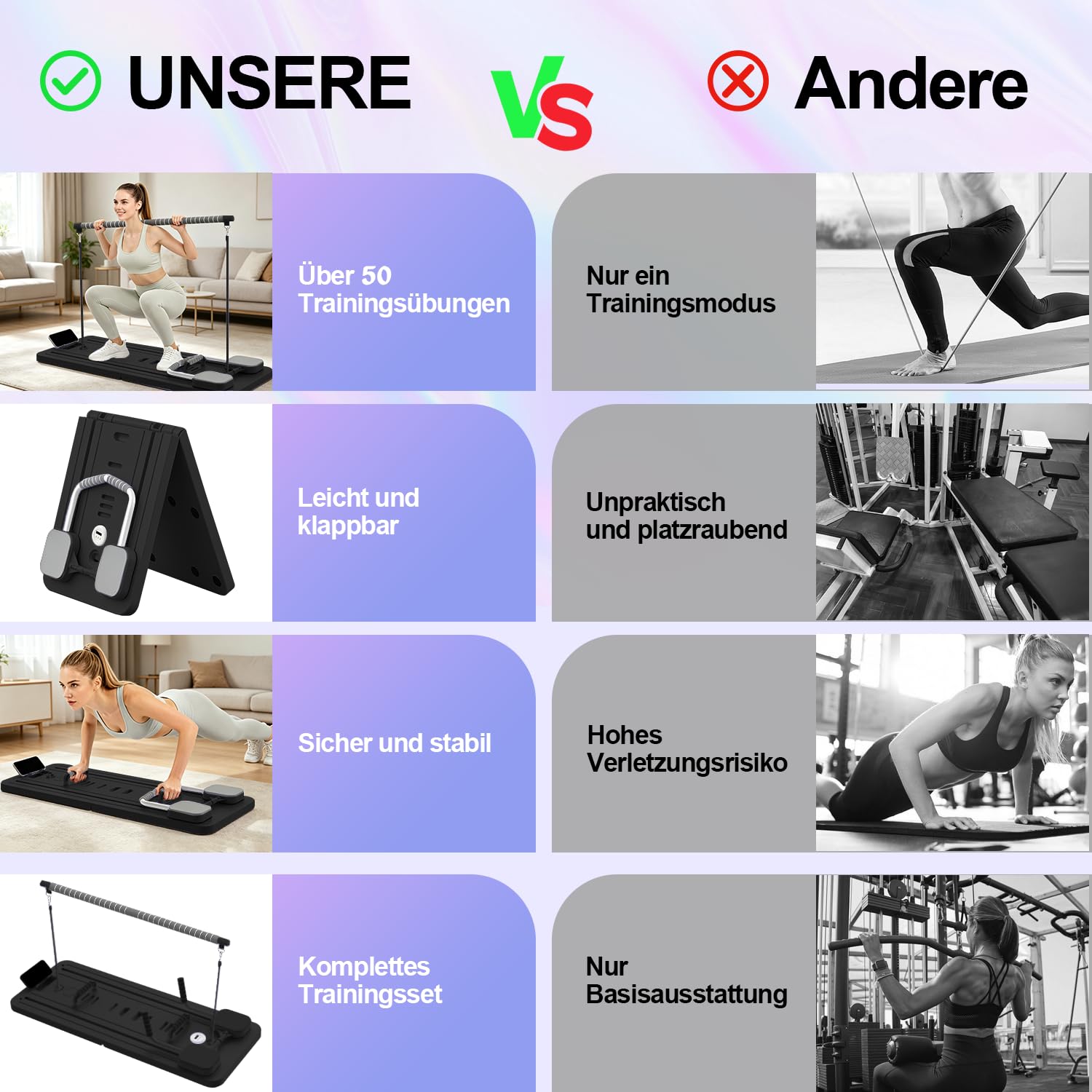 Multifunktional Pilates Board für Zuhause, Mini&Faltbarer Pilates Reformer Homegym(100+Ubungen), 10 in 1 Pilates Set für Ganzkörpertraining&Bauchtrainer, Brett 200KG inkl Automatisches Rebound