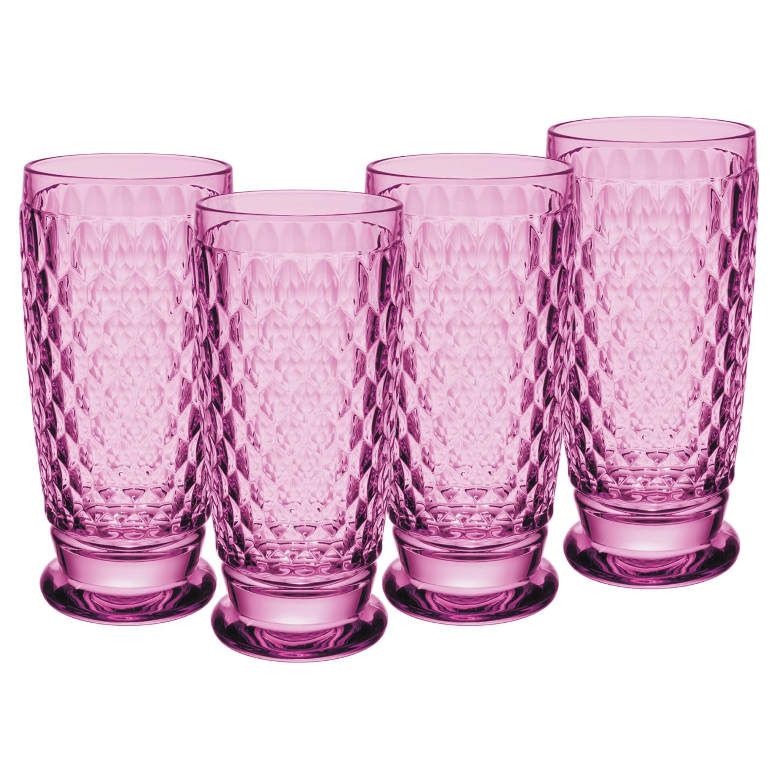Villeroy & Boch Boston Berry szklanki do longdrinków, zestaw 4 sztuk, 400 ml, kolorowe szklanki do napojów z fasetkami, szkło kryształowe do koktajli, nadają się do mycia w zmywarce, różowe