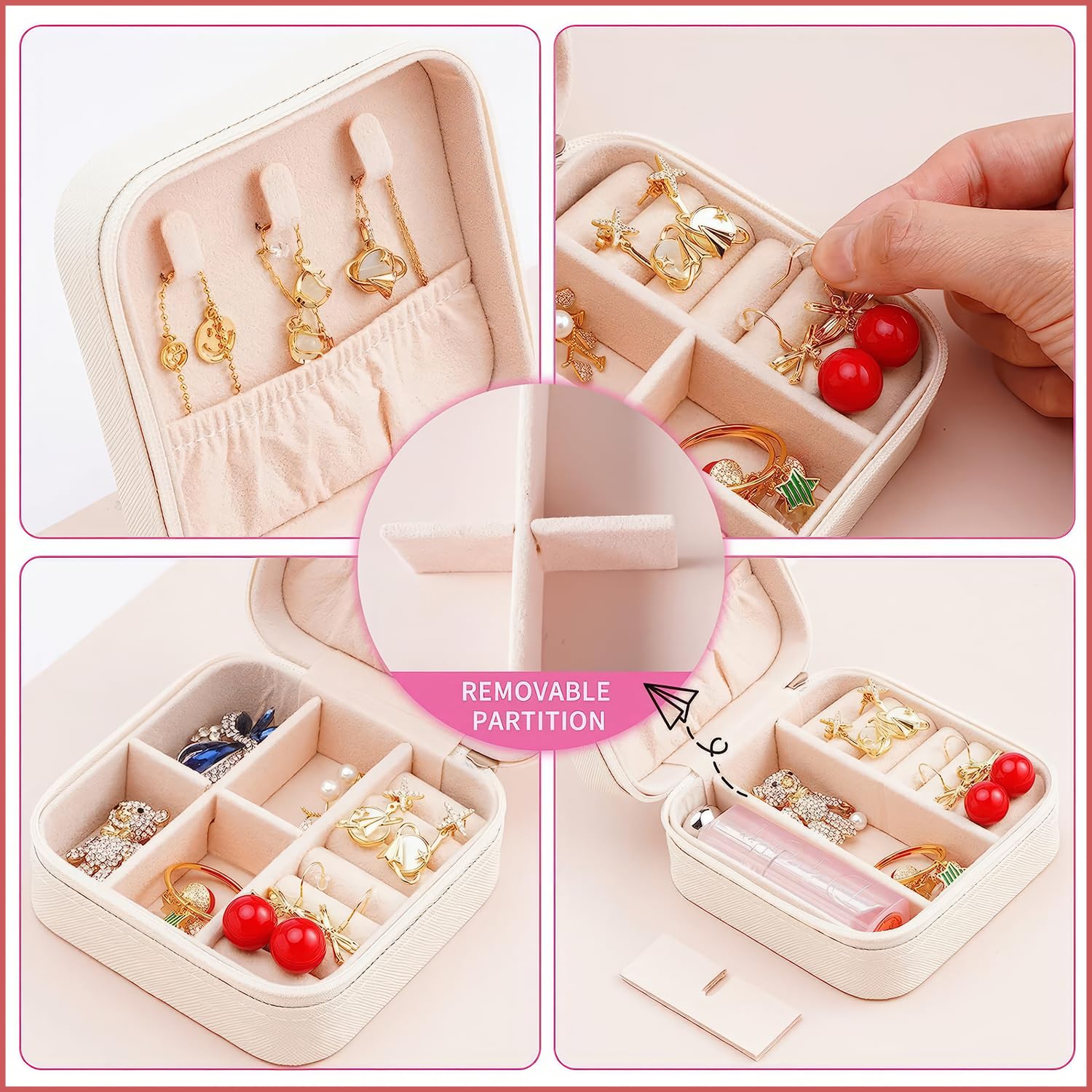 Mini Boîte à Bijoux Voyage En Simili Cuir - Organisateur à Compartiments - 10x10x5 Cm - Cadeau Fille, Femme, Anniversaire - 9