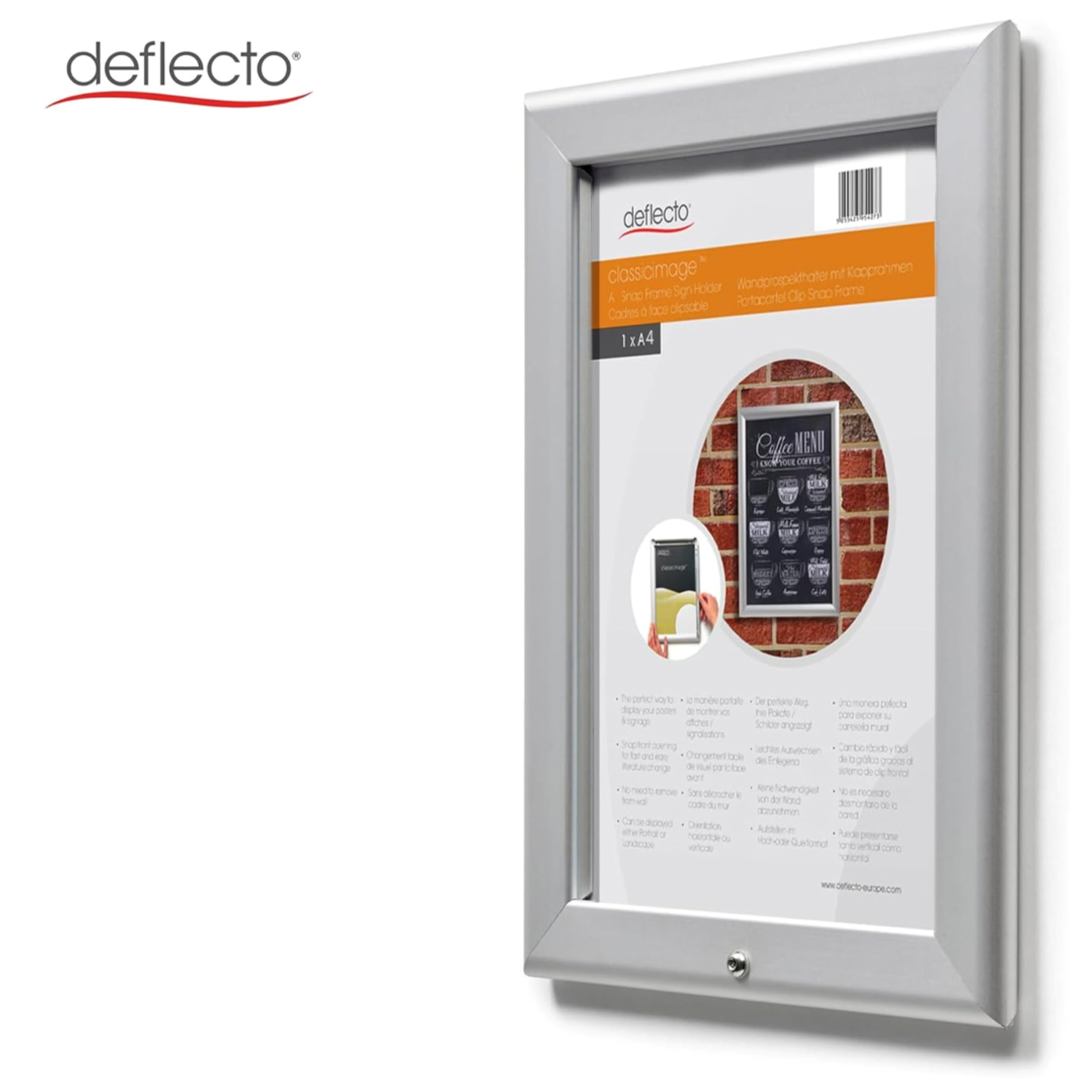Deflecto Cadre à clipser A4 – Cadre à clip verrouillable en aluminium argenté pour affichage mural – Support de certificat et d'affiche avec clips d'ouverture pratiques sur le devant – Cintre élégant
