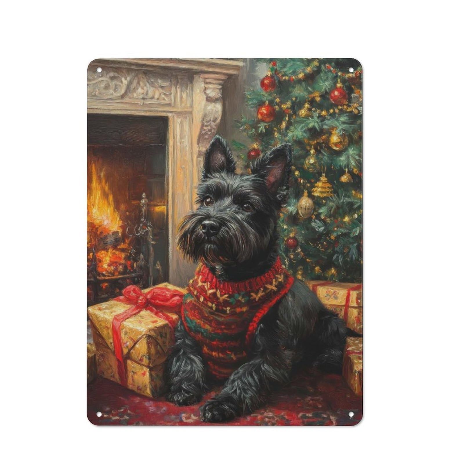 Junmoney Scottish Terrier Christmas Portrait Holiday Scottish Dog Retro Tin Sign 40X30cm For Bar Or Restaurant, For Collectors Of Retro Metal Wall Decor