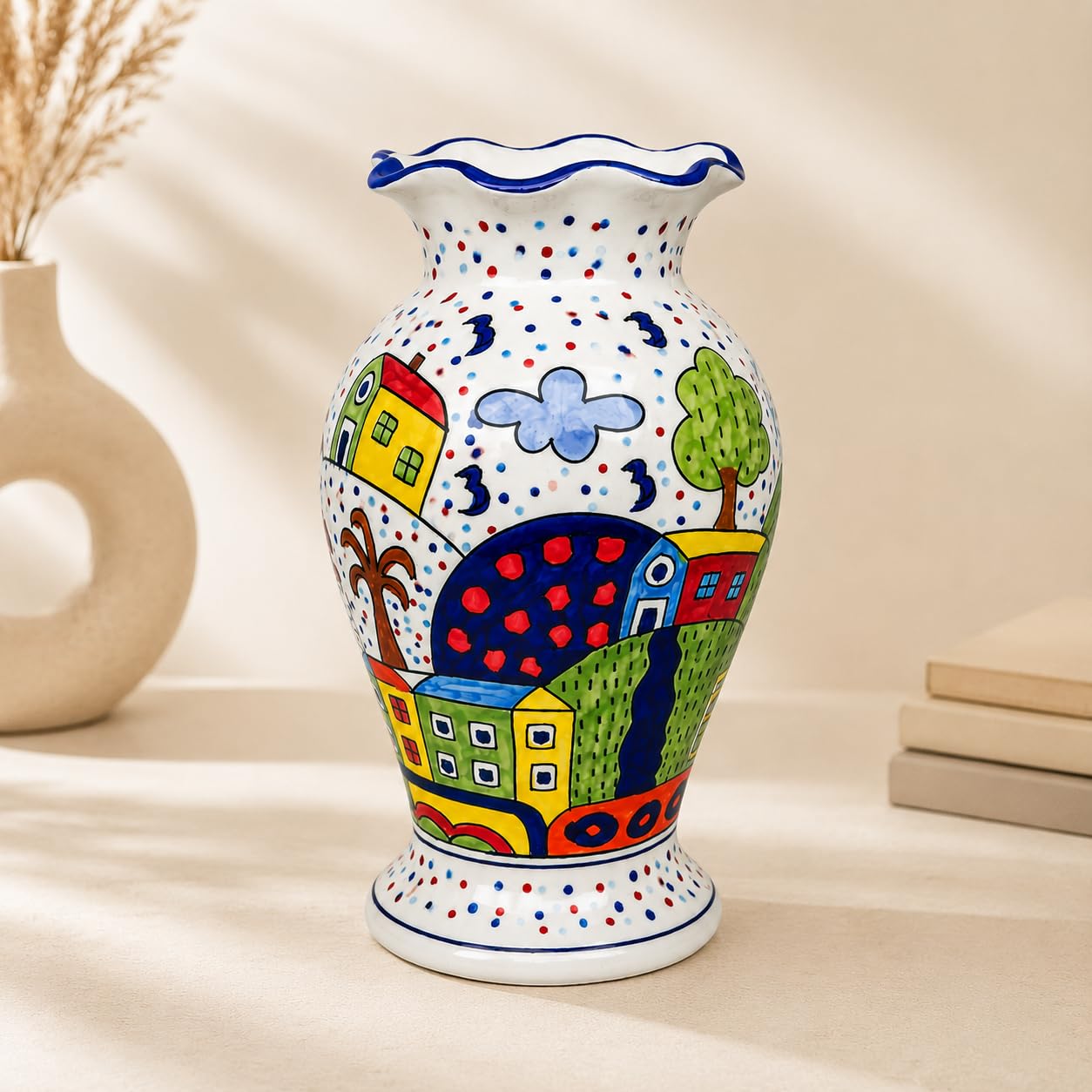 SPHINX Ceramic Vase for Home Decor, Hand Painted Village Scenery Flared-Rim Flower Vase for Fresh and Artificial Flowers, Decorative Table Vase, 11.5 Inch